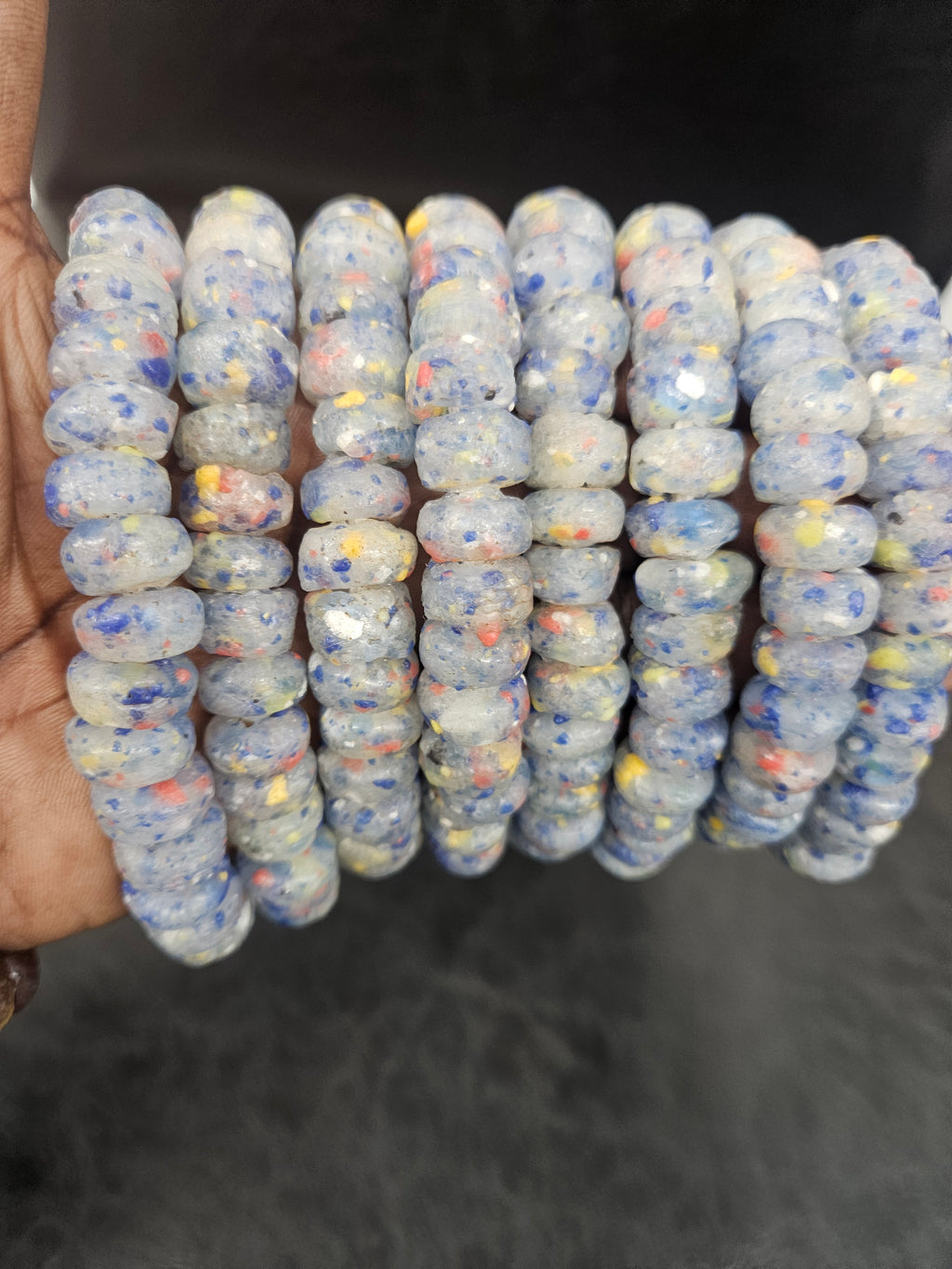 Blue Gray African Recycled Glass Short Tube Beads – Handmade Krobo Powder Glass Beads, 32–33 Beads