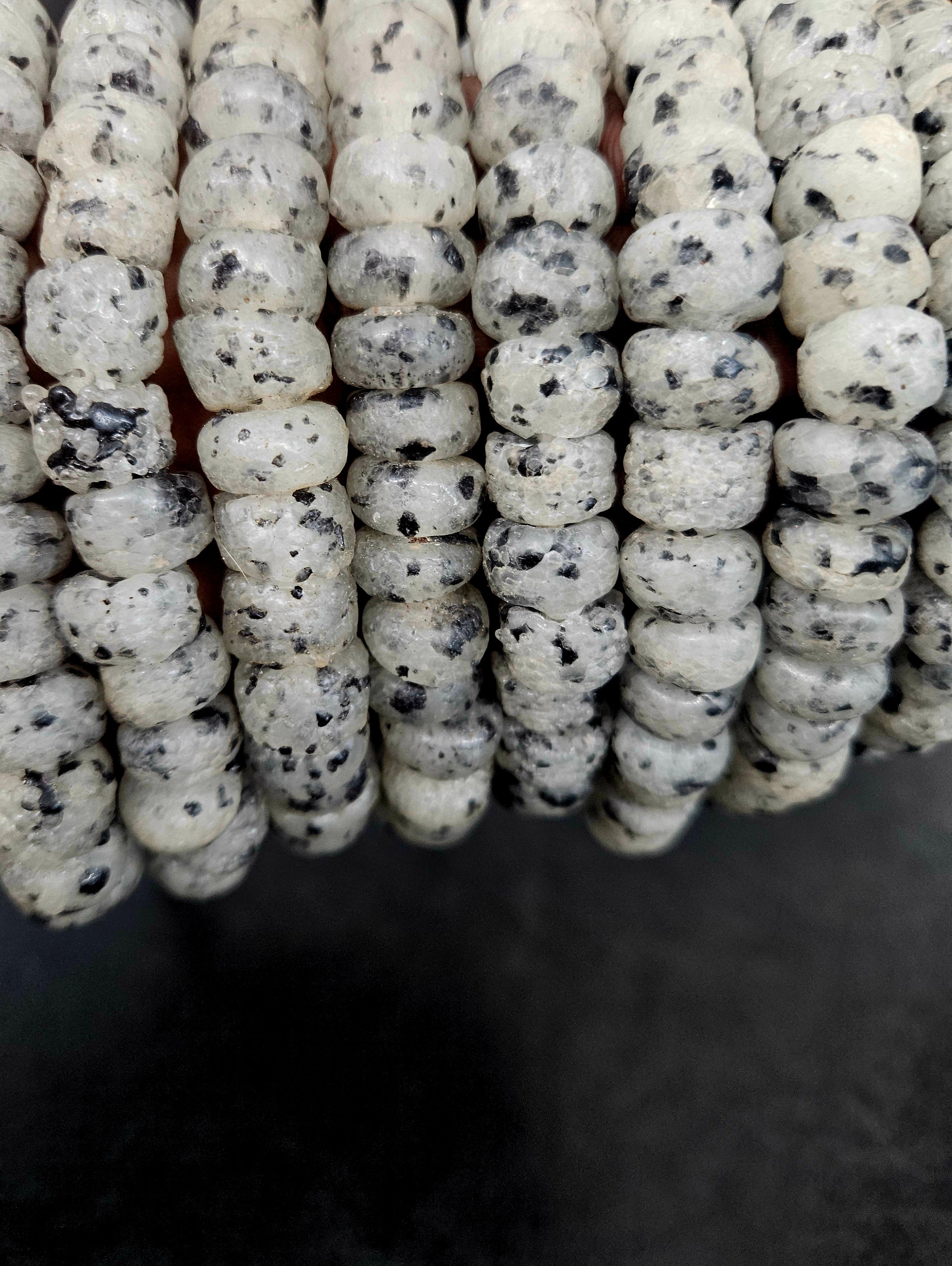 Handmade White & Black Speckled African Glass Beads – Krobo Recycled Glass Short Tube Beads for Jewelry Making