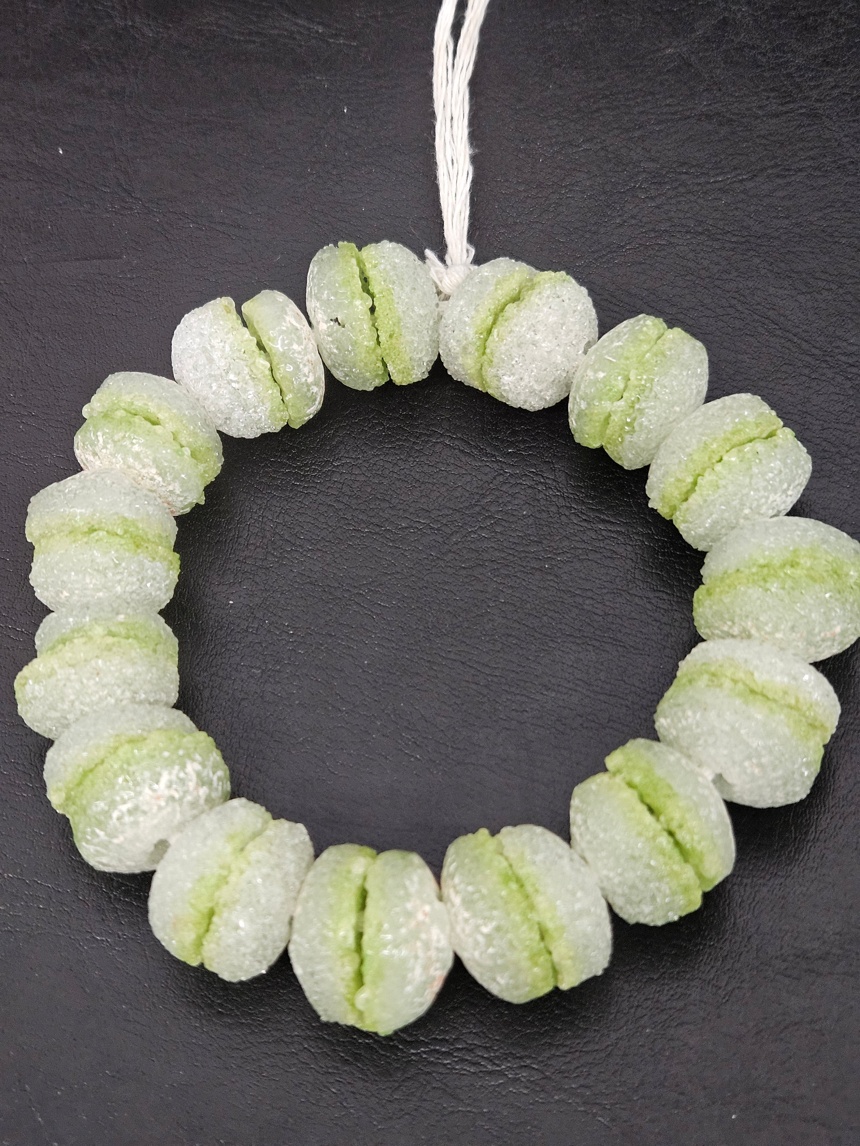 Lime Green & White Krobo Sugar Glass Rondelle Beads | Handcrafted Recycled Glass Beads from Ghana | Approx. 30 Beads Per Strand