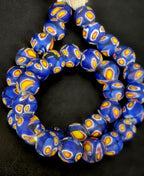 Cobalt Blue Eye Motif African Trade Beads Sourced in Ghana | Large-Hole Glass Trade Beads | 15–16mm Designer & Collector Strand