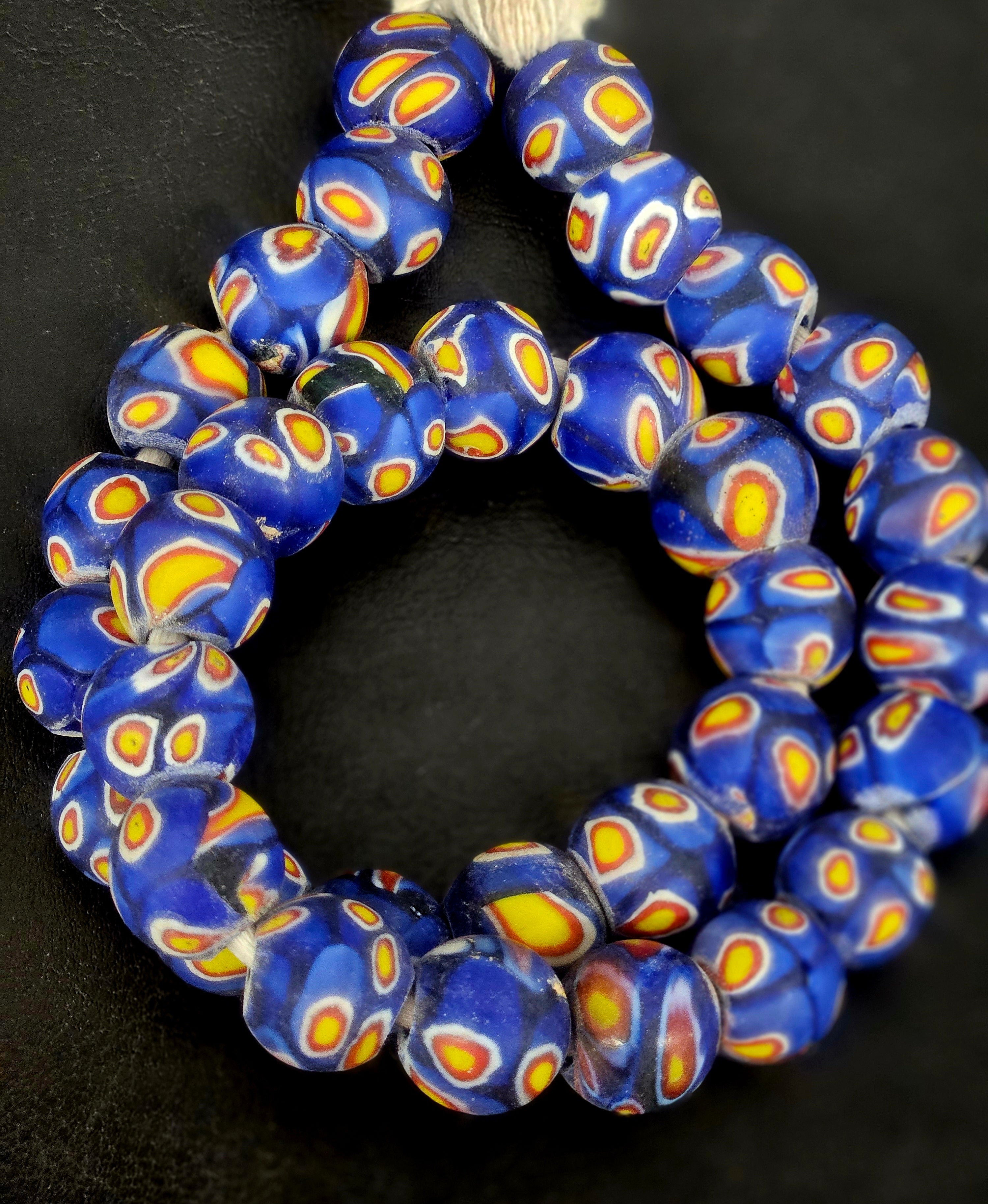 Cobalt Blue Eye Motif African Trade Beads Sourced in Ghana | Large-Hole Glass Trade Beads | 15–16mm Designer & Collector Strand