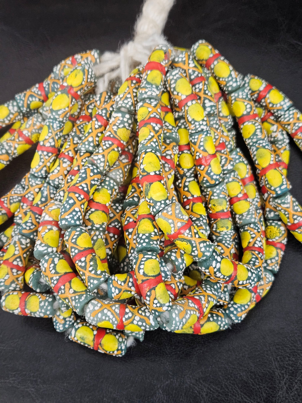 Olive Green Krobo Painted Glass Tube Beads with Golden Yellow Medallions & Terracotta Geometric Motifs