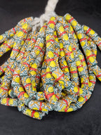 Olive Green Krobo Painted Glass Tube Beads with Golden Yellow Medallions & Terracotta Geometric Motifs