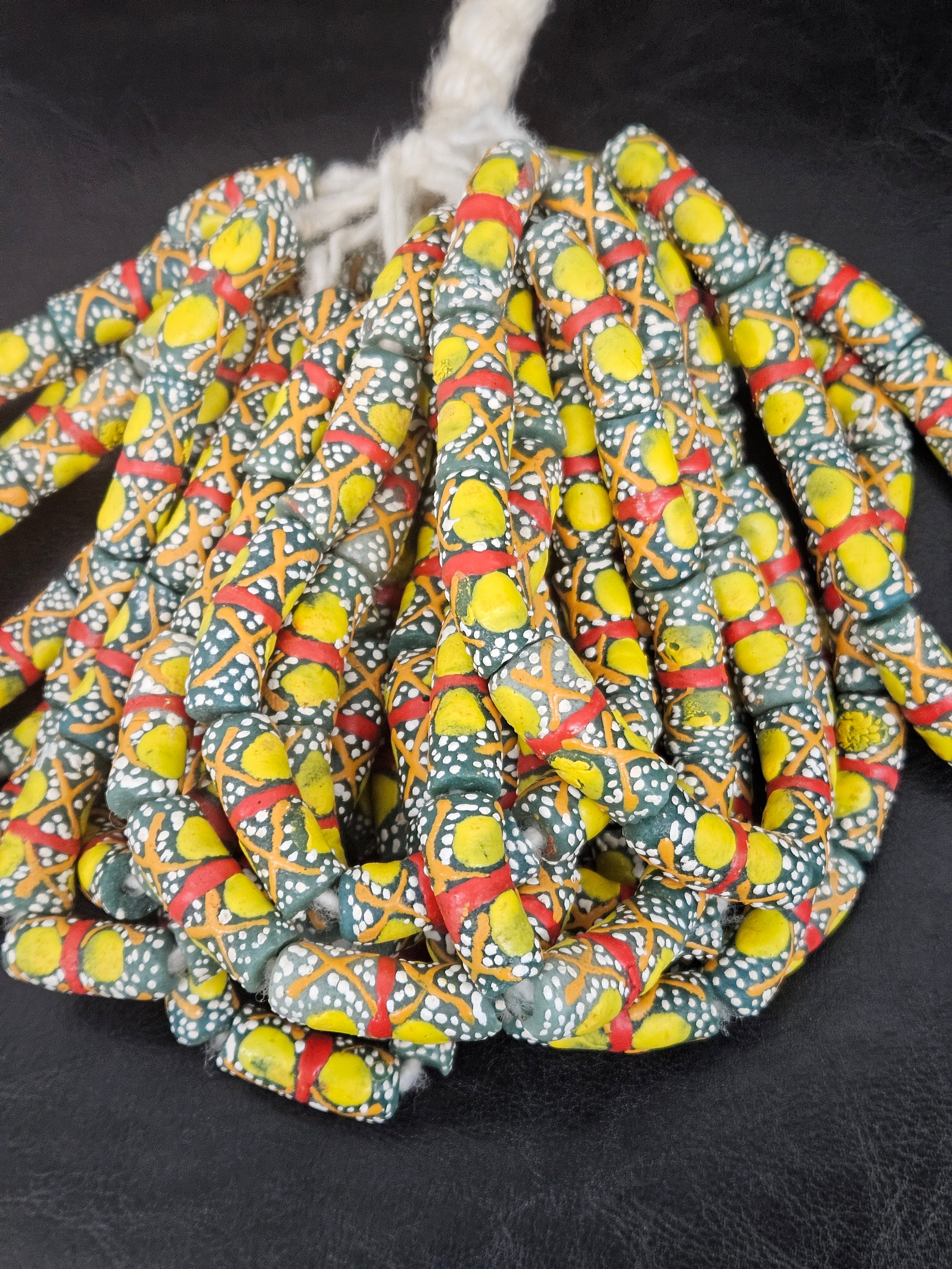 Olive Green Krobo Painted Glass Tube Beads with Golden Yellow Medallions & Terracotta Geometric Motifs