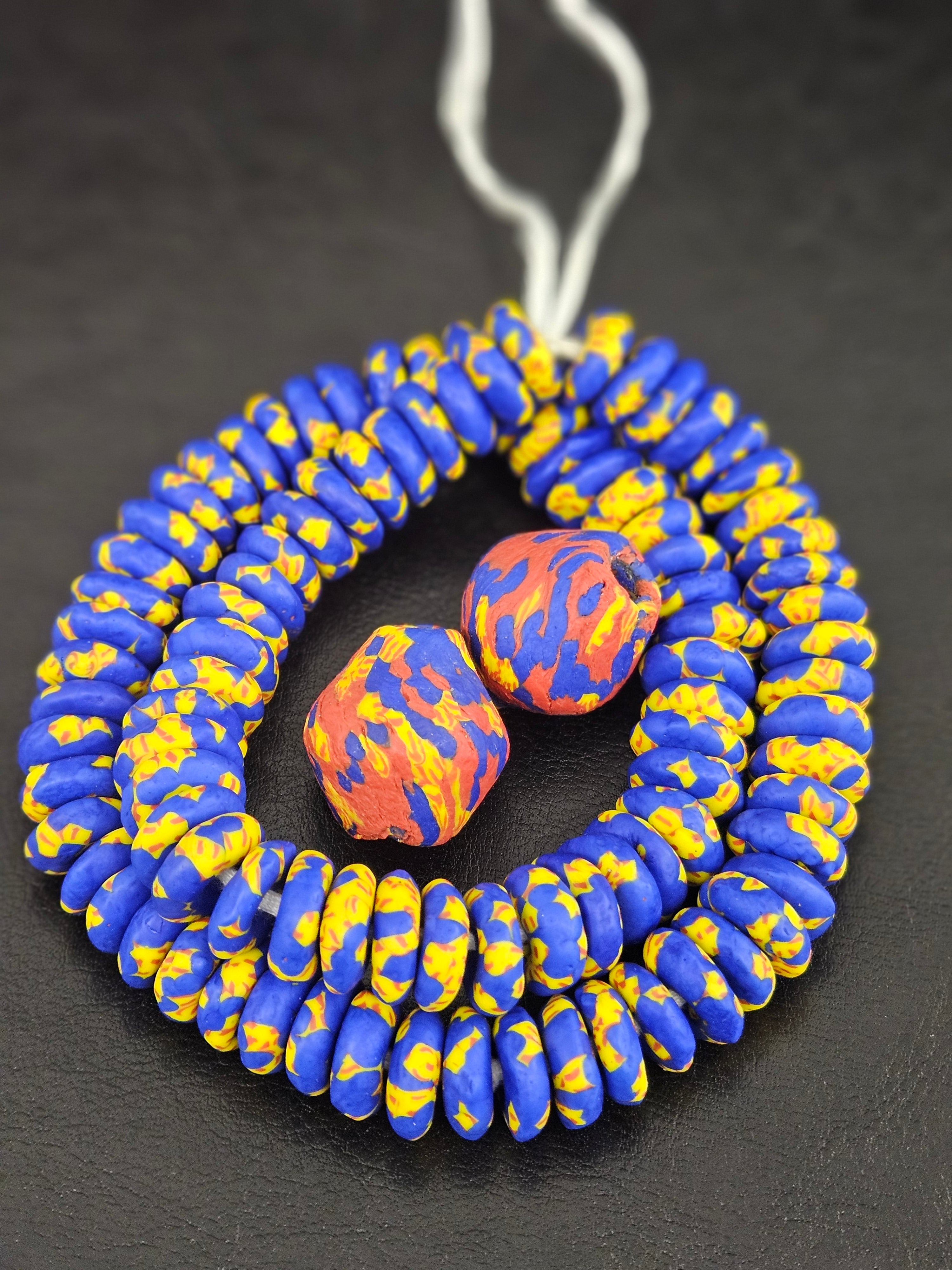 Blue African Beads Bundle – Krobo Glass Rondelles + Bicone Focal Beads