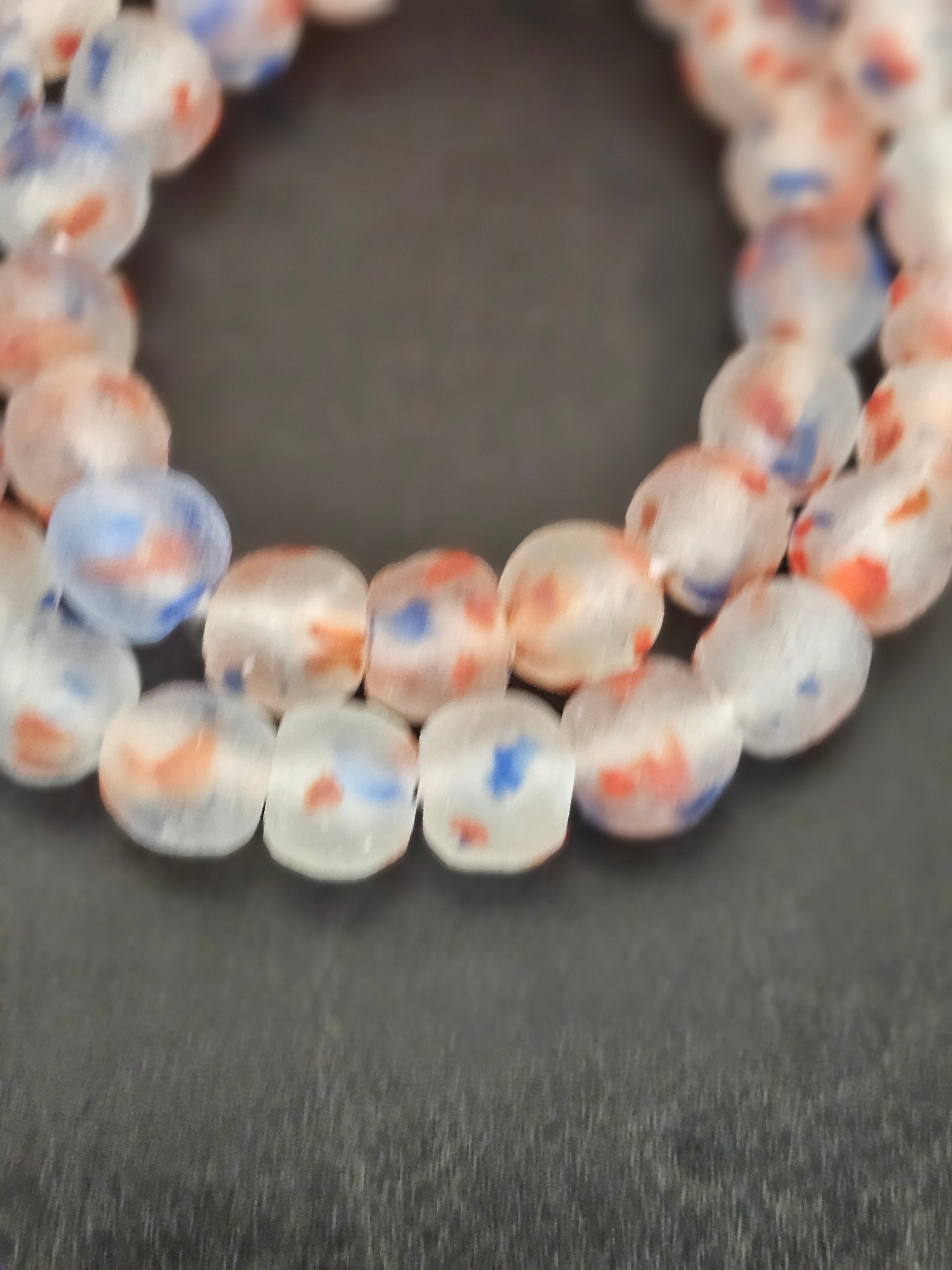 Authentic Red White Blue Krobo Recycled Glass Beads | Handmade Translucent Ghana Beads 12–14mm