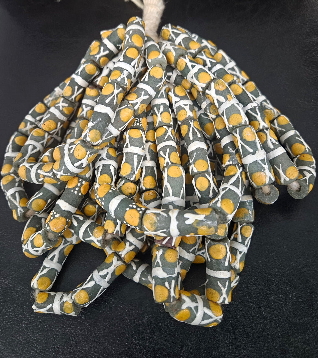 African Glass Beads – Painted Krobo Long Tubes, Green & Gold