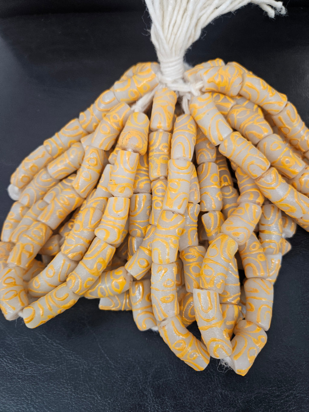 African Glass Beads – Painted Krobo Long Tubes, Frosty White & Gold Beads