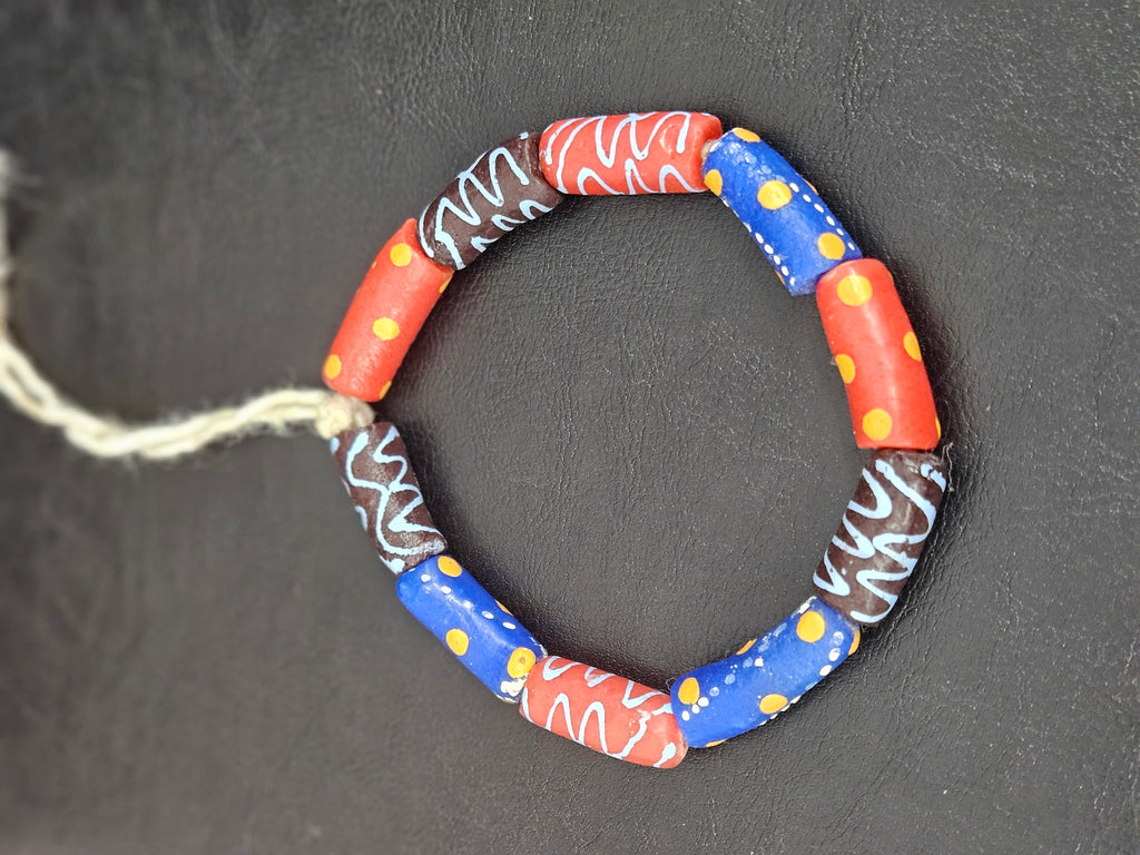 Multicolor Krobo Painted Glass Tube Beads with Hand-Painted Geometric & Wave Motifs | Handcrafted Recycled Glass from Ghana