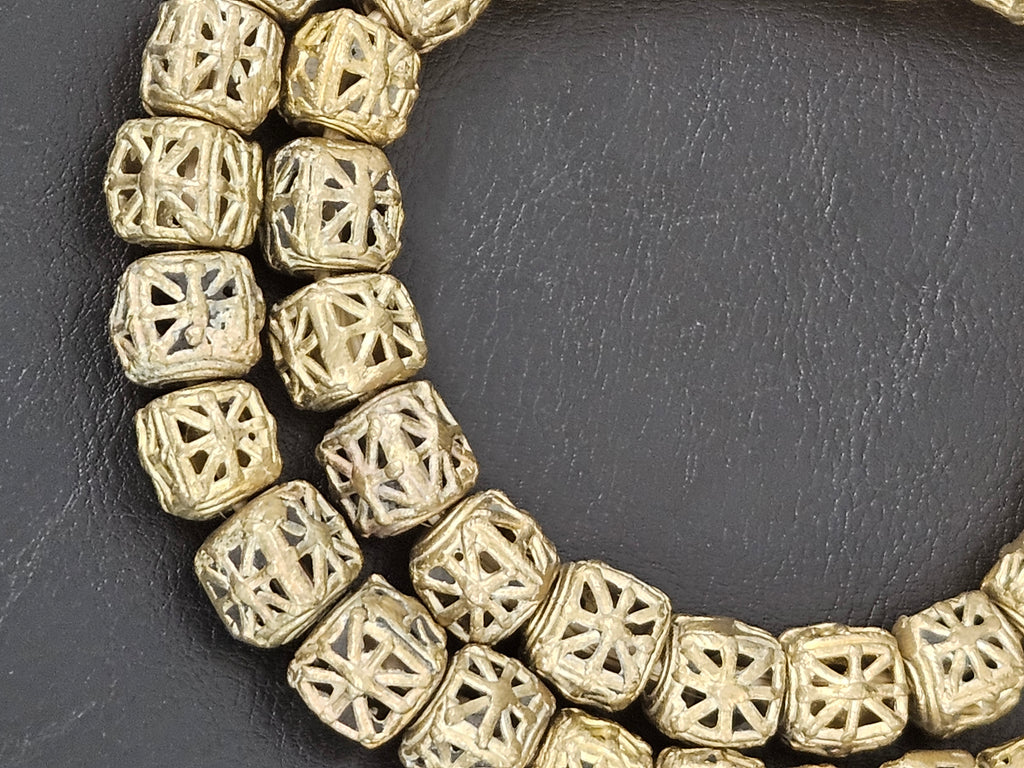 Handcrafted Ashanti Brass Filigree Cube Beads | Large Hole Ghana Brass Beads | African Brass Jewelry Making Supplies