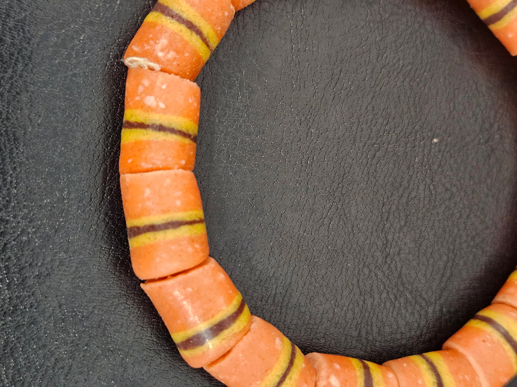 Orange Striped Krobo Kente Glass Beads | Handcrafted Powdered Glass Beads from Ghana | Approx. 17 Beads