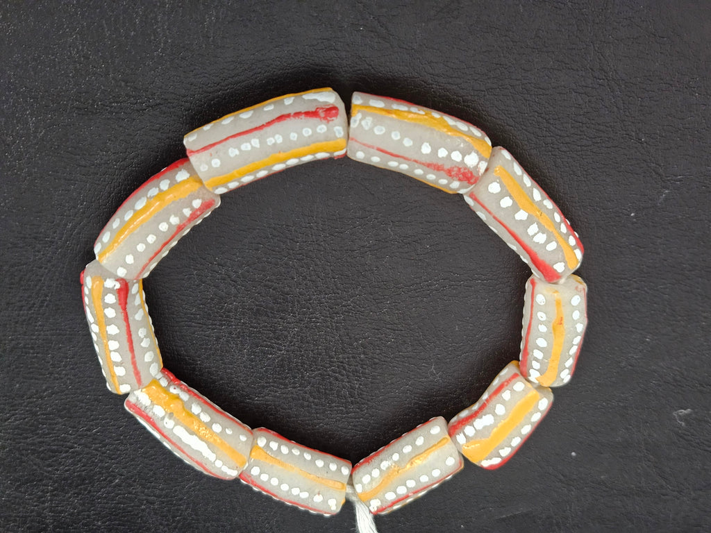 Krobo Painted Glass Tube Beads – Soft Ivory Gray with Golden Yellow & Coral Red Stripes