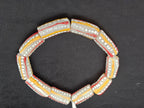 Krobo Painted Glass Tube Beads – Soft Ivory Gray with Golden Yellow & Coral Red Stripes