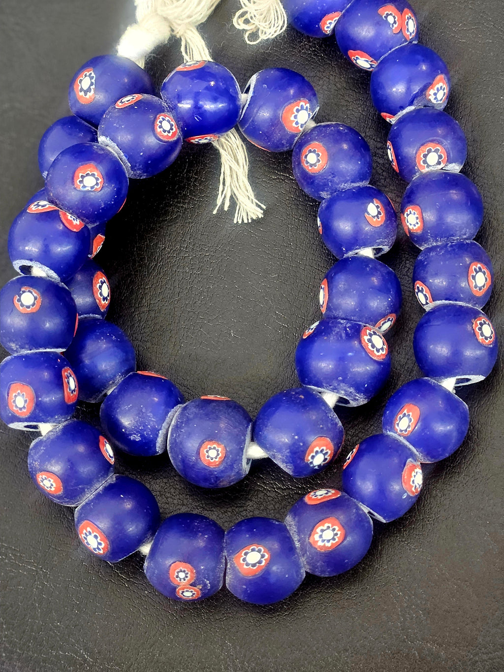 Royal Blue Floral Eye African Trade Beads Sourced in Ghana | Large-Hole Recycled Glass Trade Beads | 15–16mm Designer & Collector Strand
