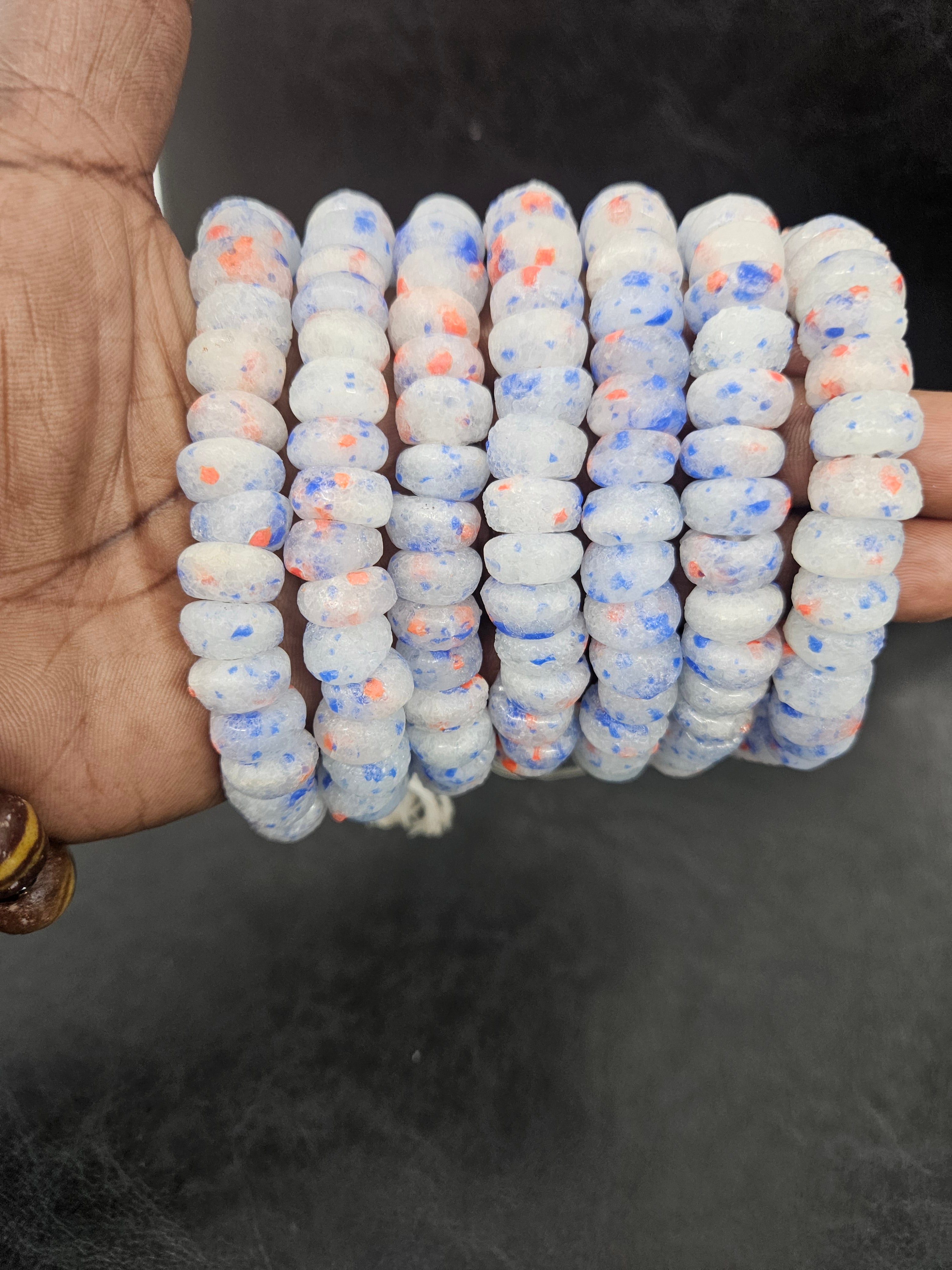 White Blue & Coral Speckled Krobo Powder Glass Beads – African Recycled Glass Short Tube Beads for Jewelry Making