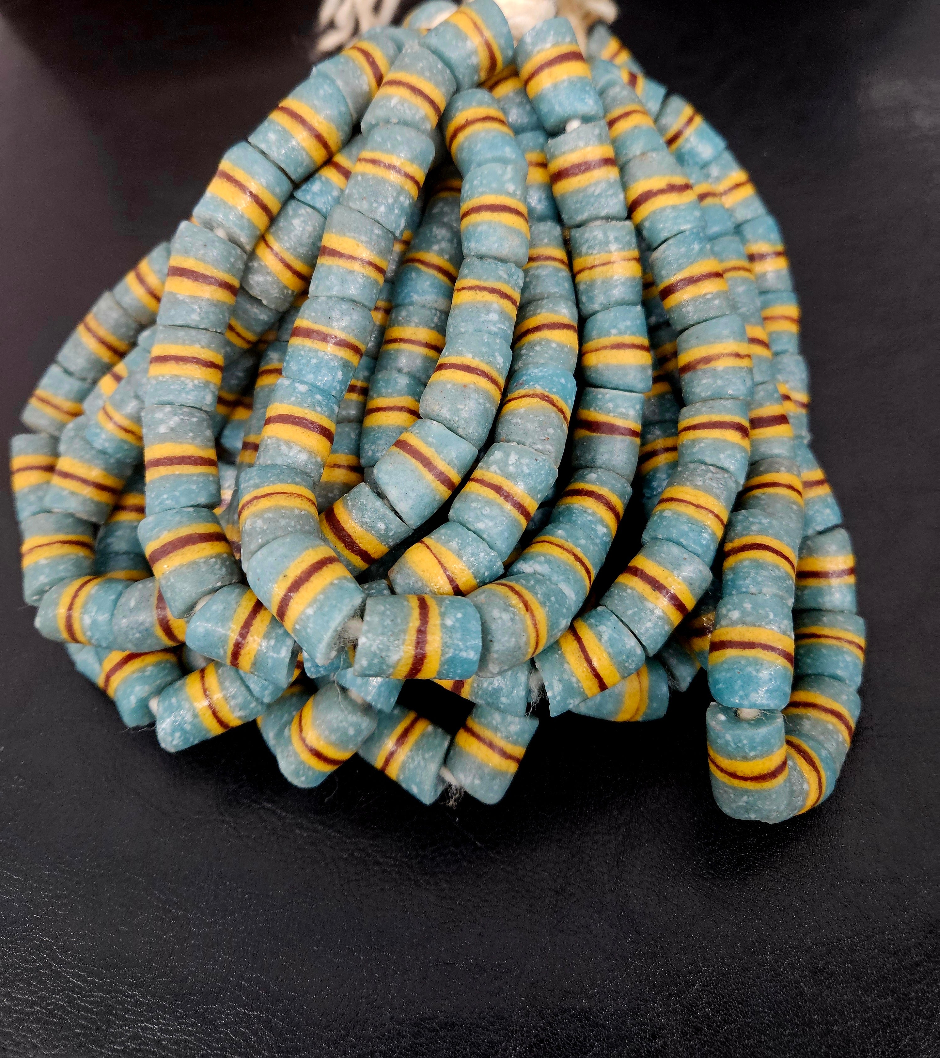 Light Blue Striped Krobo Kente Glass Beads | Handcrafted Powdered Glass Beads from Ghana | Approx. 17 Beads