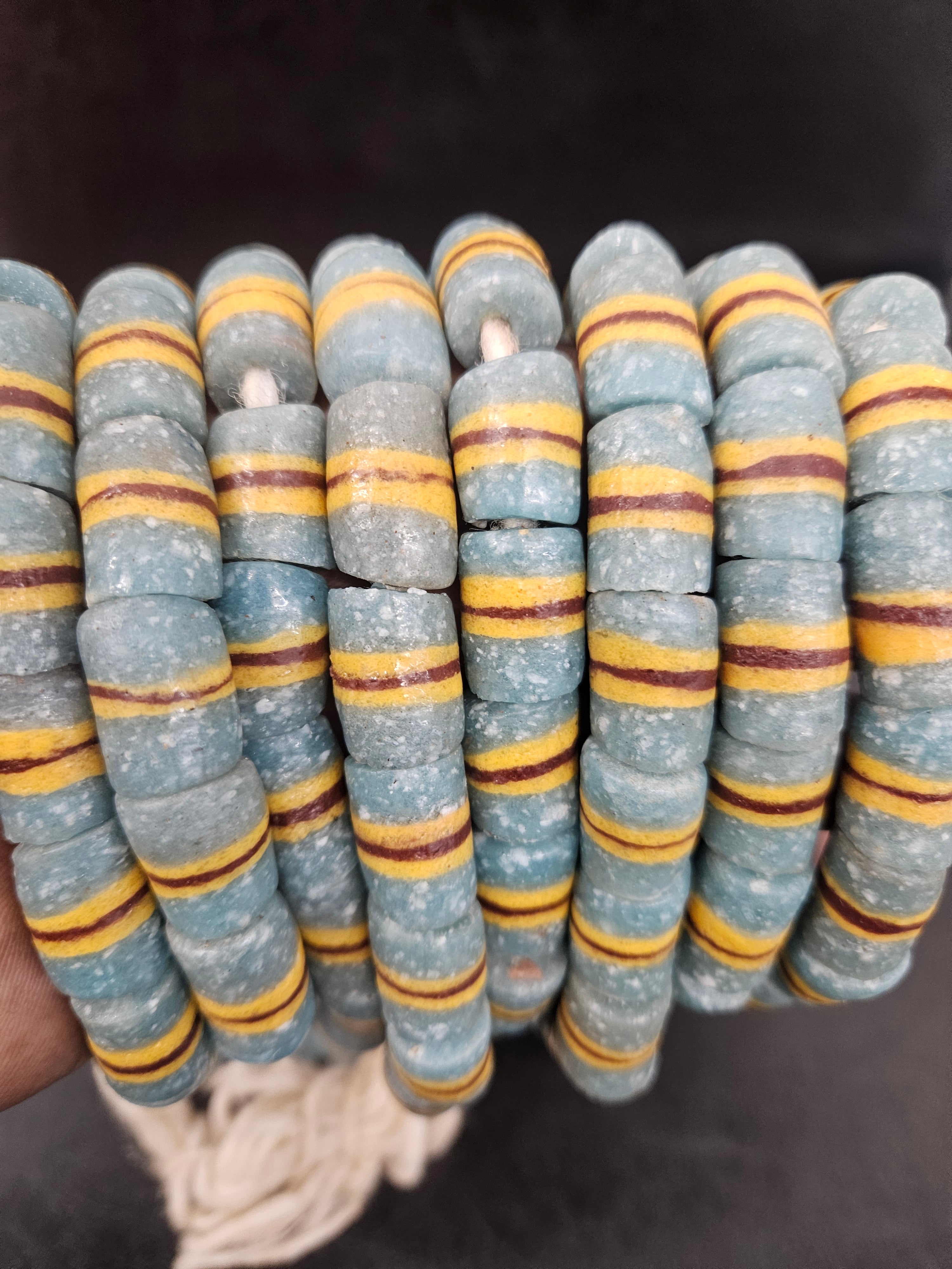 Light Blue Striped Krobo Kente Glass Beads | Handcrafted Powdered Glass Beads from Ghana | Approx. 17 Beads