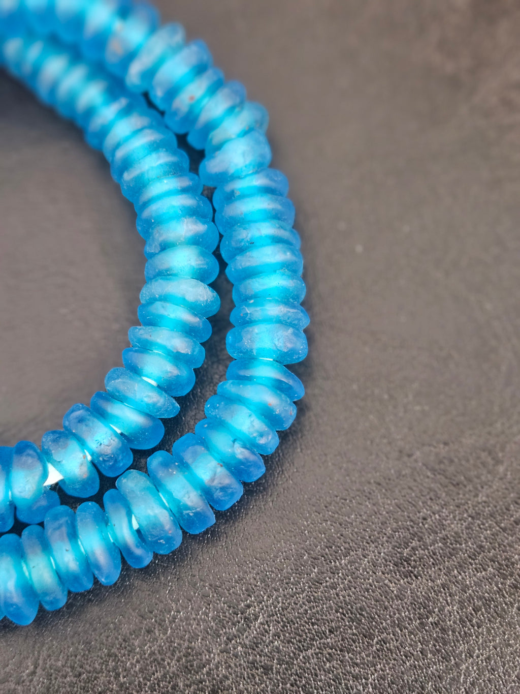 Authentic Bright Aqua Krobo Translucent Recycled Glass Rondelle Beads | Handmade in Ghana