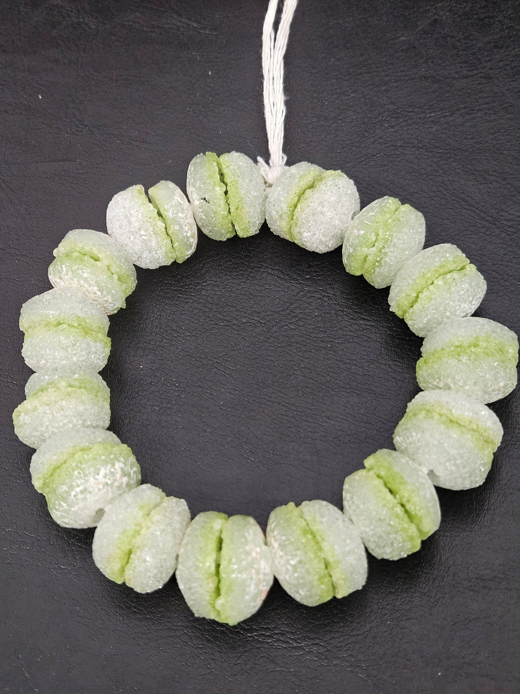 Lime Green & White Krobo Sugar Glass Rondelle Beads | Handcrafted Recycled Glass Beads from Ghana | Approx. 30 Beads Per Strand