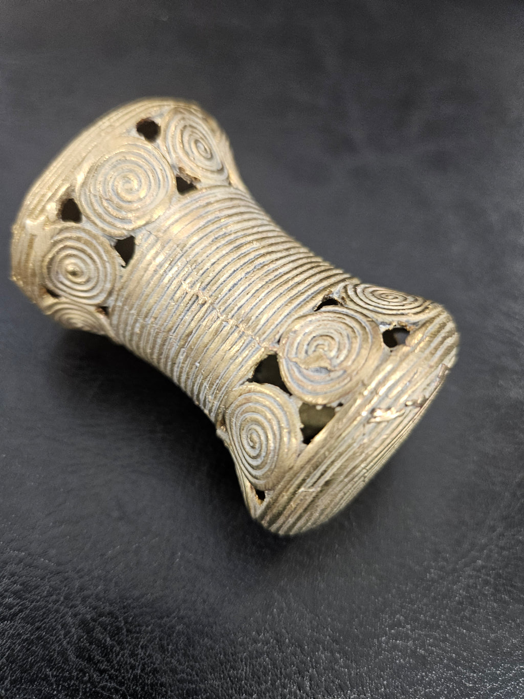 Oversized Ashanti Brass Talking Drum Bead — Spiral Medallion Openwork