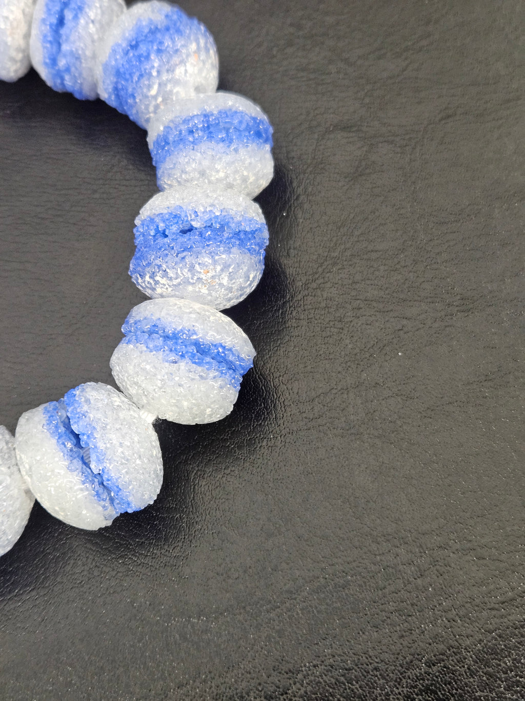 Blue & White Krobo Sugar Glass Rondelle Beads | Handcrafted Recycled Glass Beads from Ghana | Approx. 30 Beads Per Strand