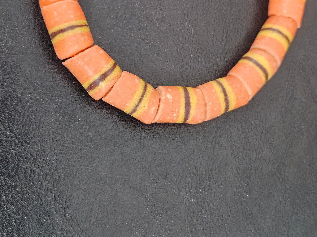 Orange Striped Krobo Kente Glass Beads | Handcrafted Powdered Glass Beads from Ghana | Approx. 17 Beads