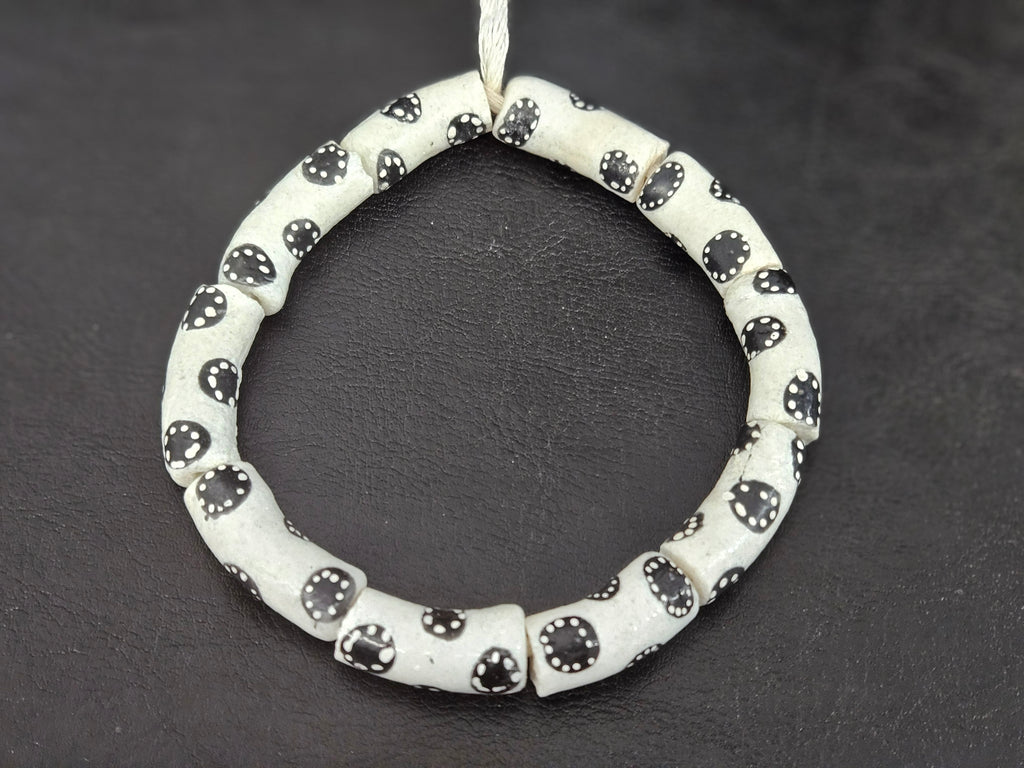 Ivory White Krobo Painted Glass Tube Beads with Ebony Black Medallion Motifs