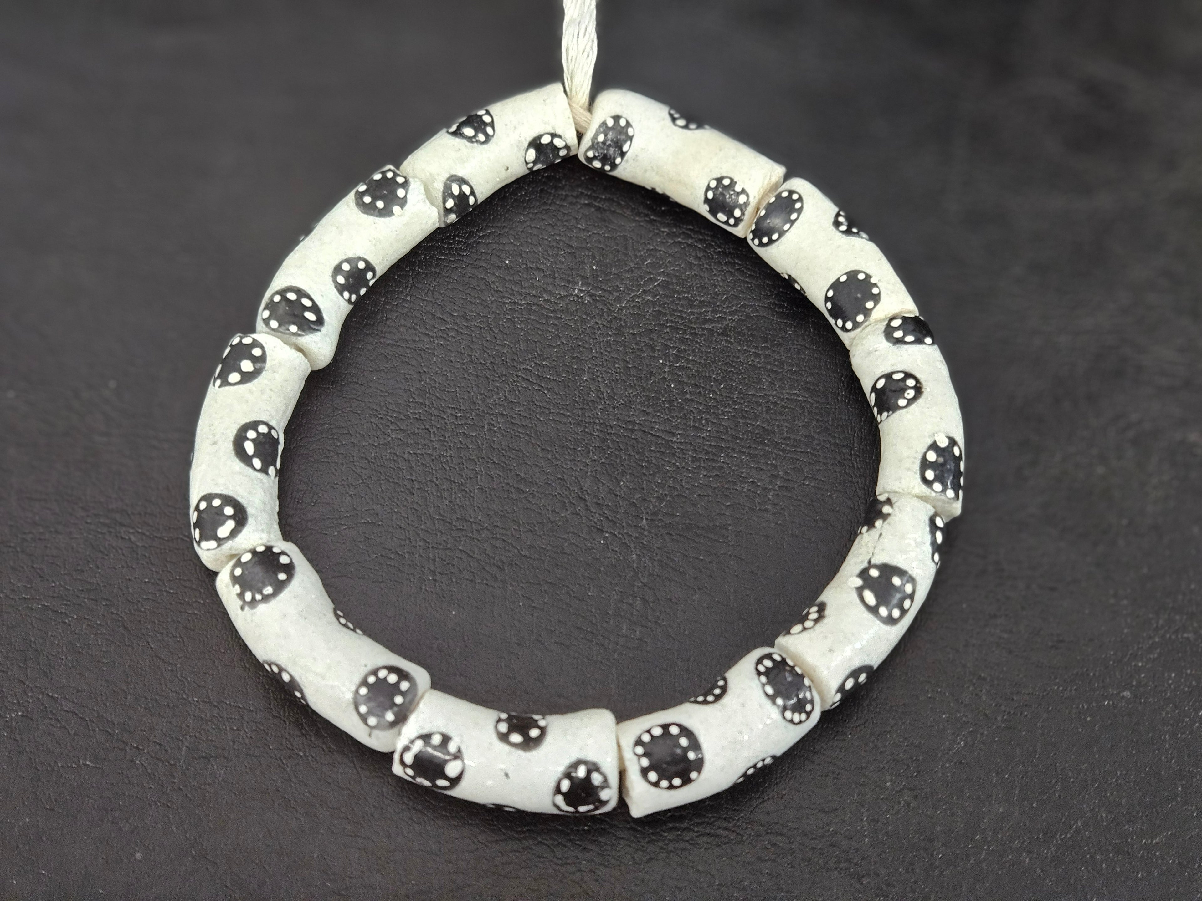 Ivory White Krobo Painted Glass Tube Beads with Ebony Black Medallion Motifs