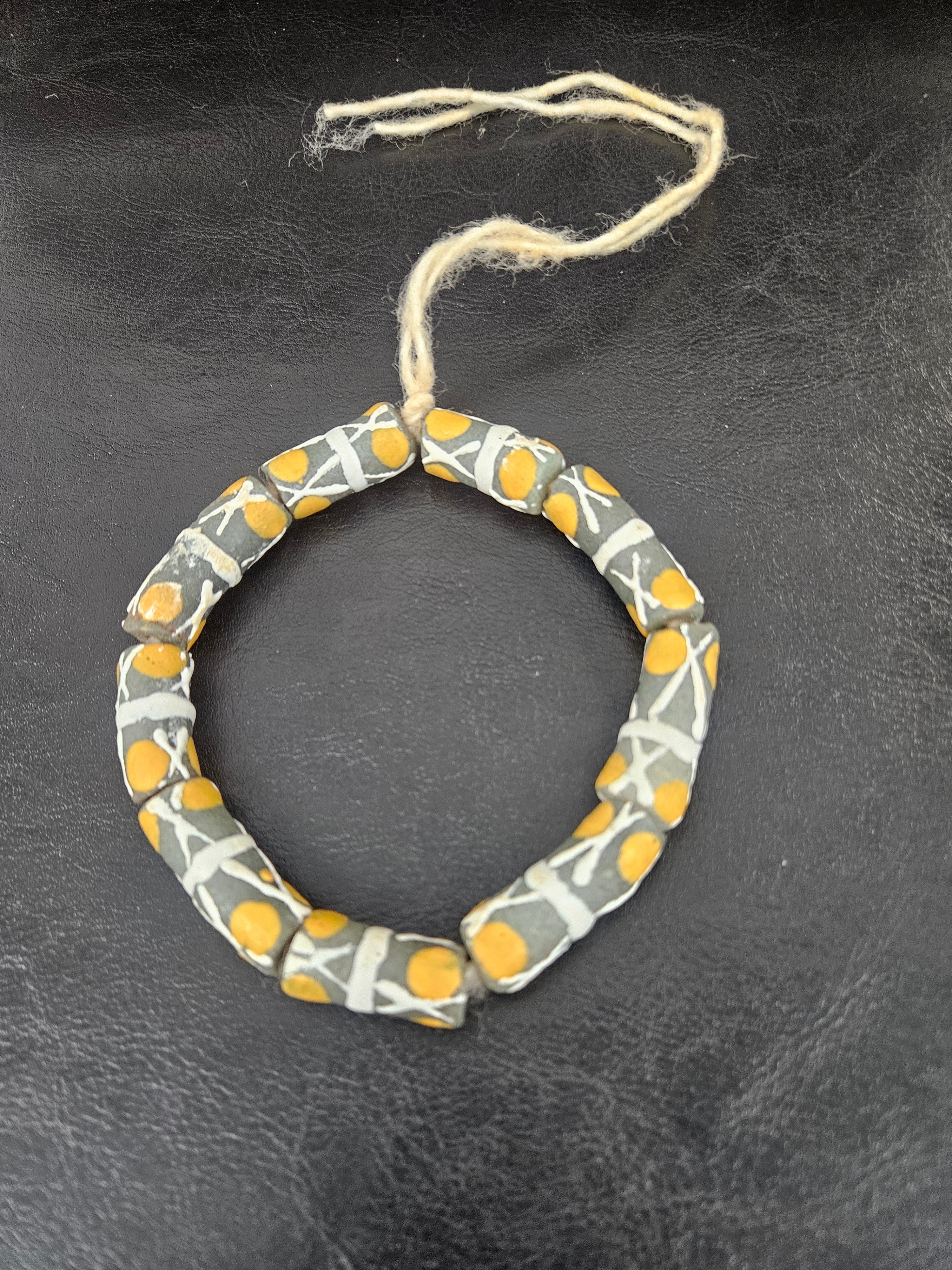 African Glass Beads – Painted Krobo Long Tubes, Green & Gold