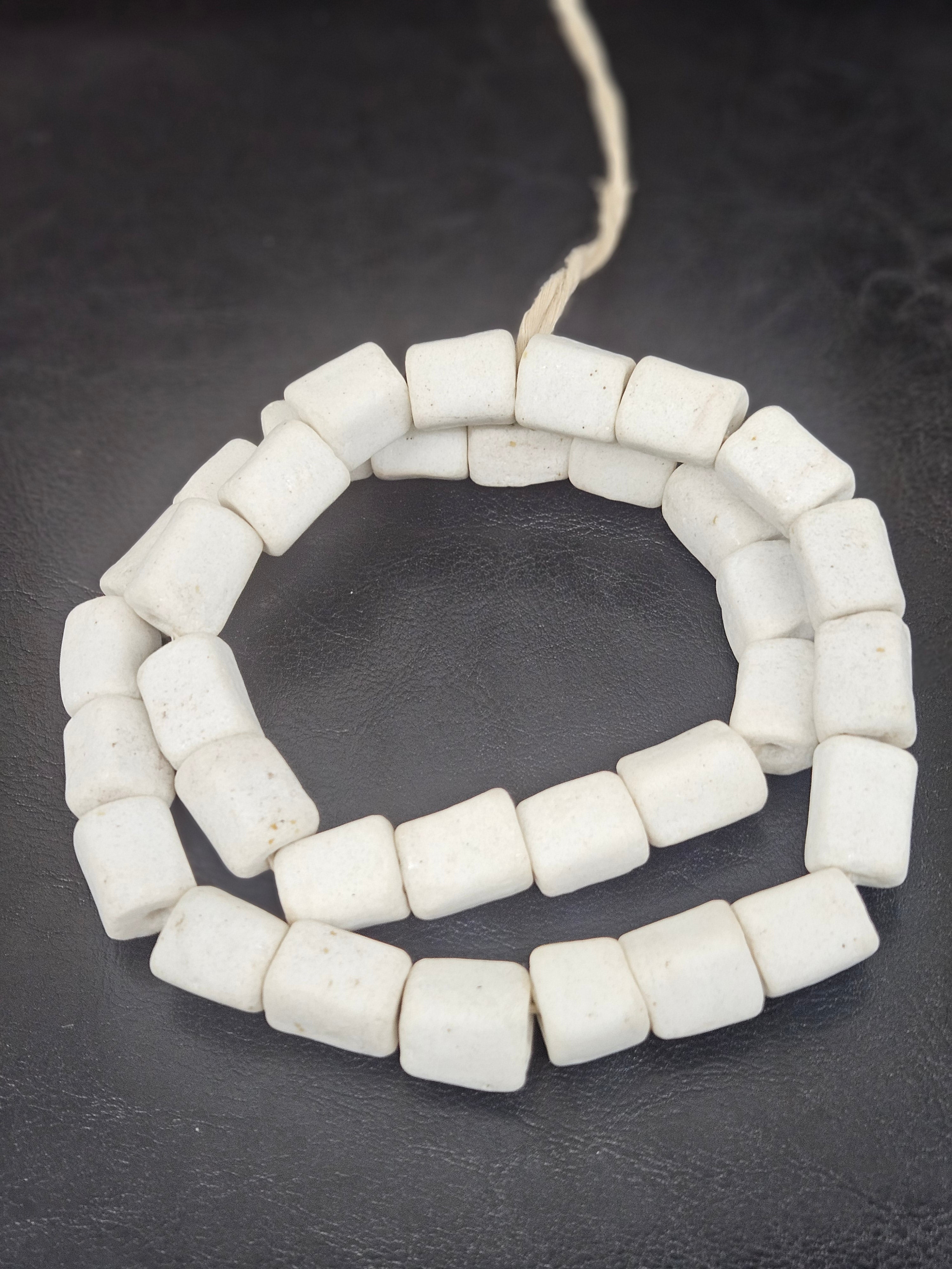 Classic Ivory Cube Tube Krobo Powdered Glass Beads | Handmade Recycled Glass Beads from Ghana | 30–32 Beads