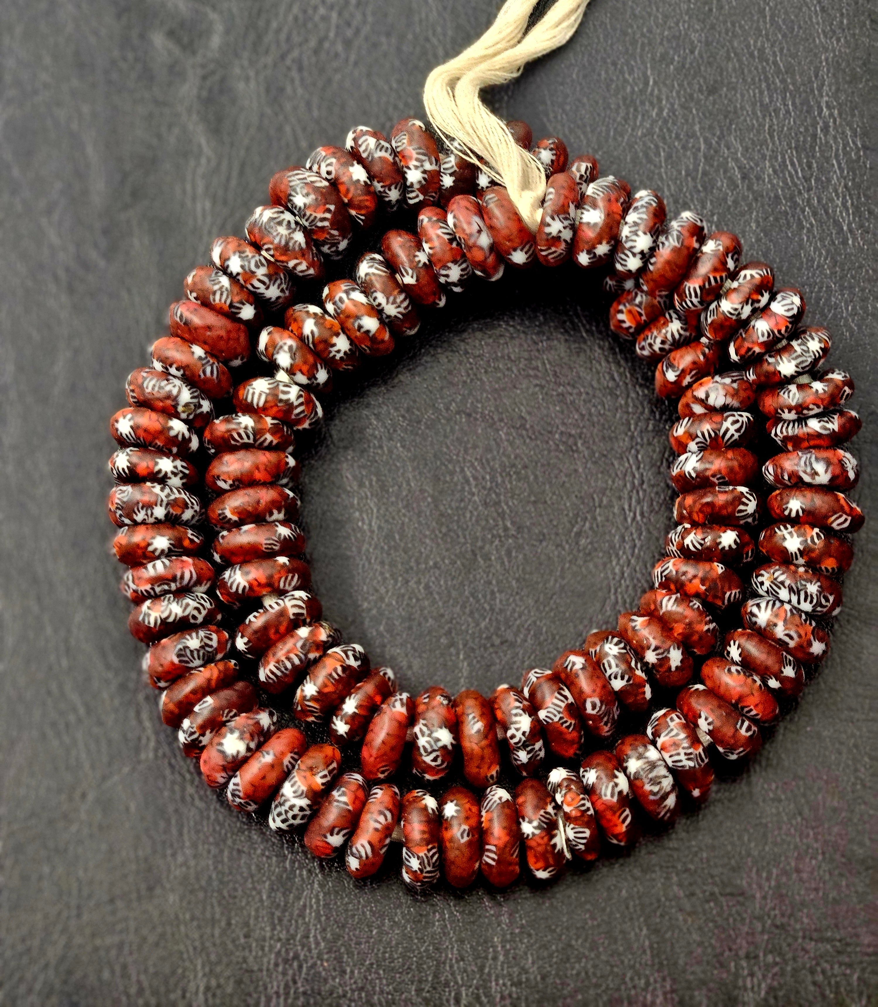 Fused Brown & White Krobo Recycled Glass Rondelle Beads — 14–16 mm | Large Hole (2.5–3 mm) | Handcrafted African Beads from Ghana