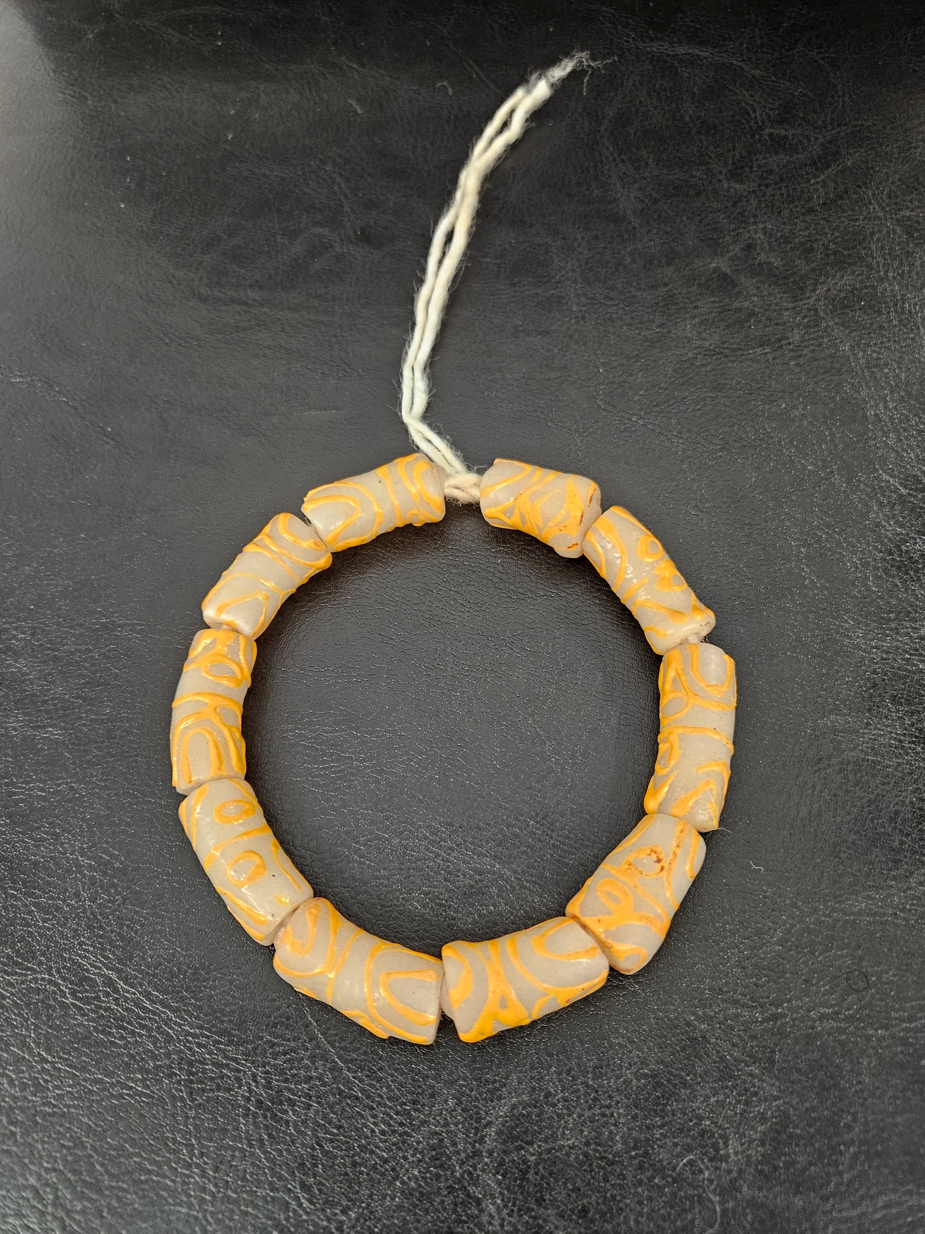 African Glass Beads – Painted Krobo Long Tubes, Frosty White & Gold Beads