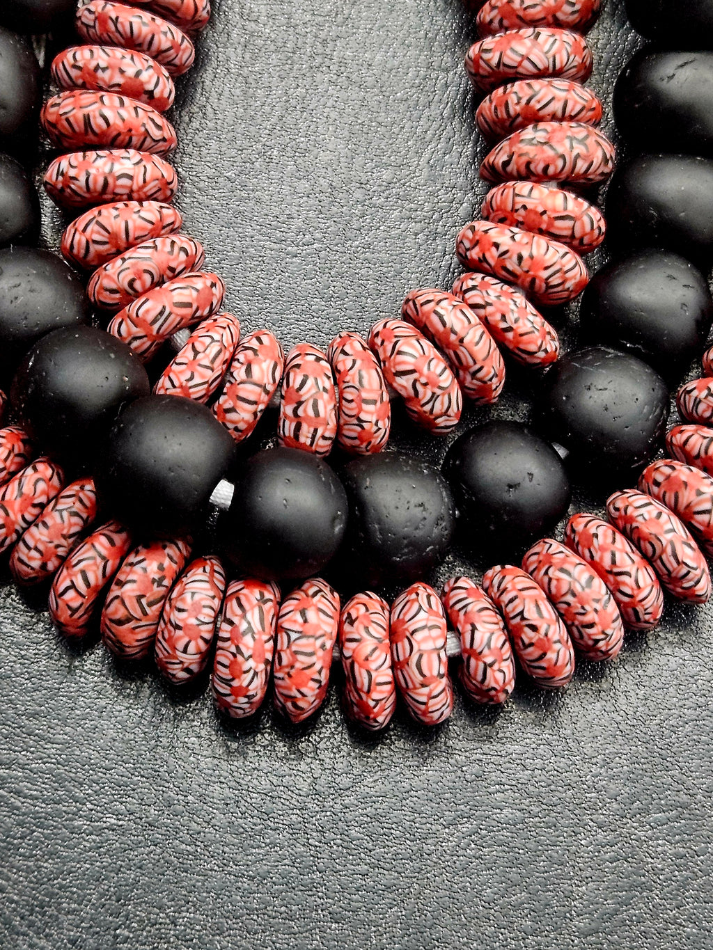 AADAMPO Curator Bundle™ | Coral Hand-Painted Krobo Rondelle Glass Beads & Matte Black Pocket Glass Beads | Handmade in Ghana