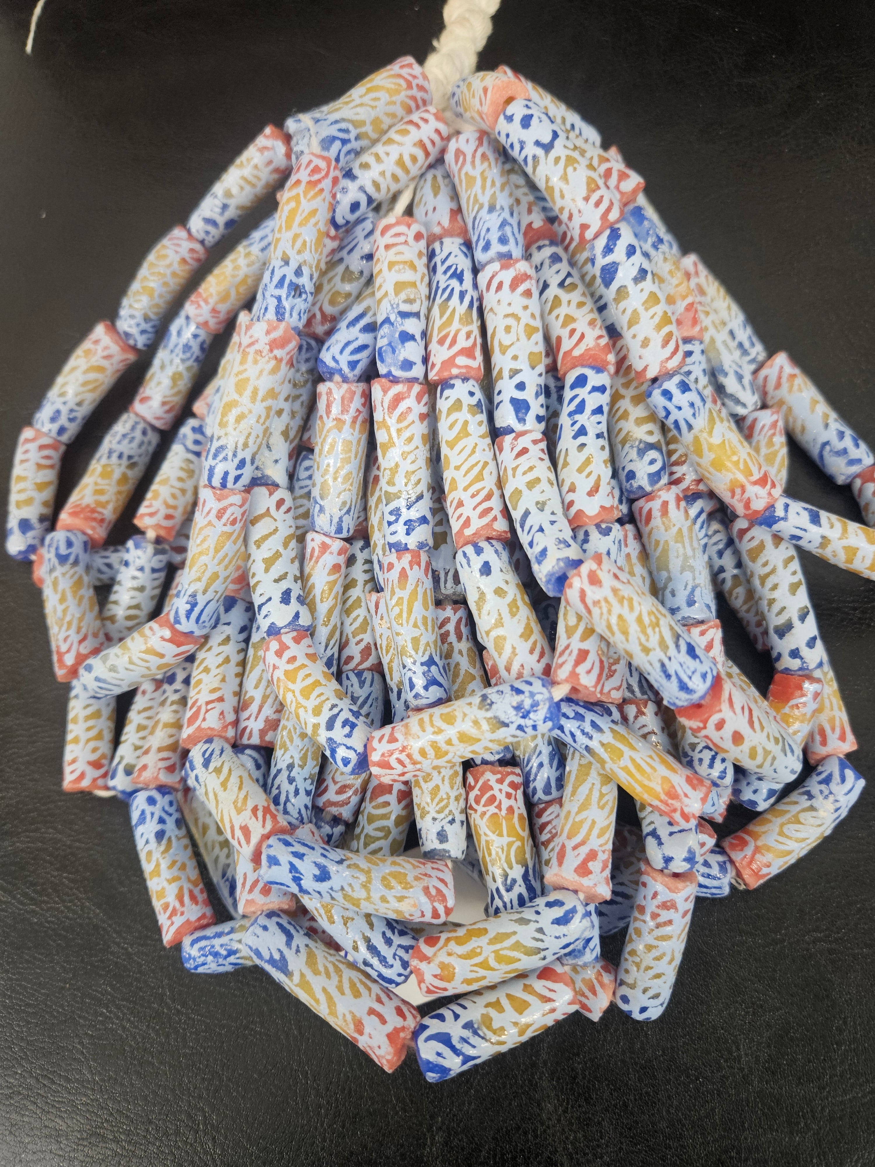 Ivory Multicolor Krobo Painted Glass Long Tube Beads | Handmade African Recycled Glass from Ghana