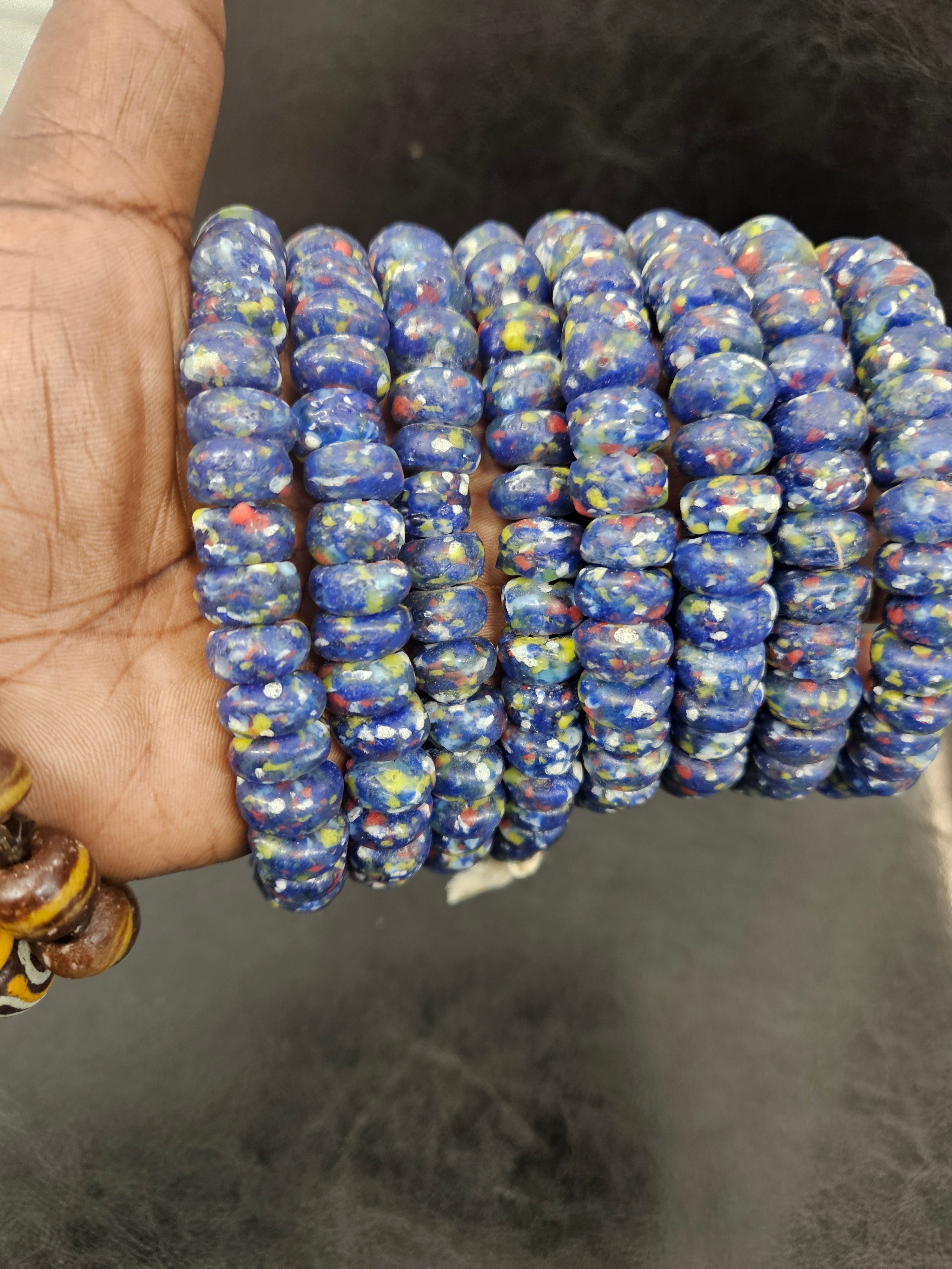 Krobo Powdered Glass Beads – Blue Speckled African Recycled Glass Short Tube Beads (32–33 Beads, 7–9×13–14mm) | Aadampo African Beads