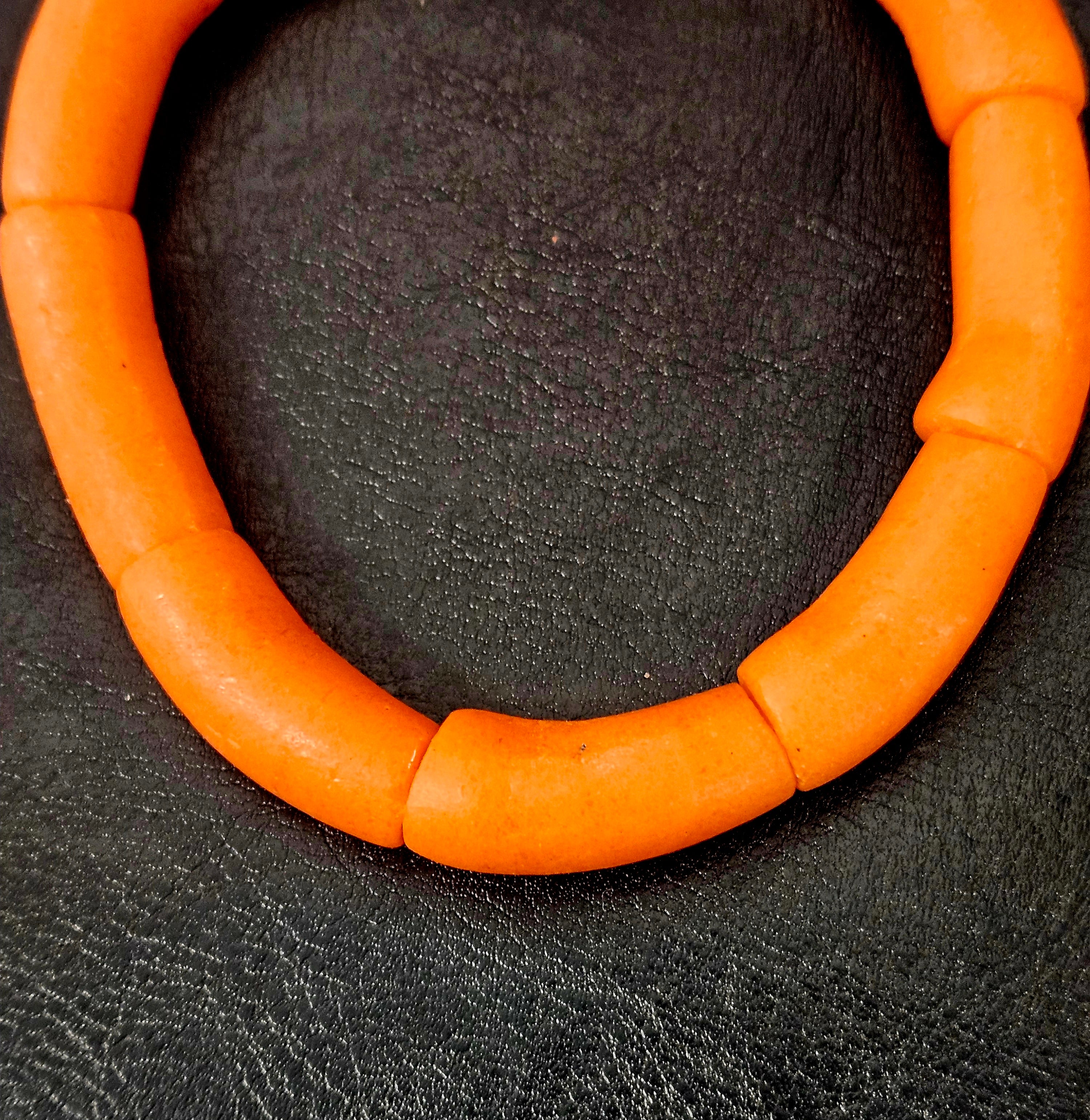 Sunset Orange Krobo Powdered Glass Tube Beads • Large Hole • 10–12 × 24–30 mm • Approx. 9 Beads