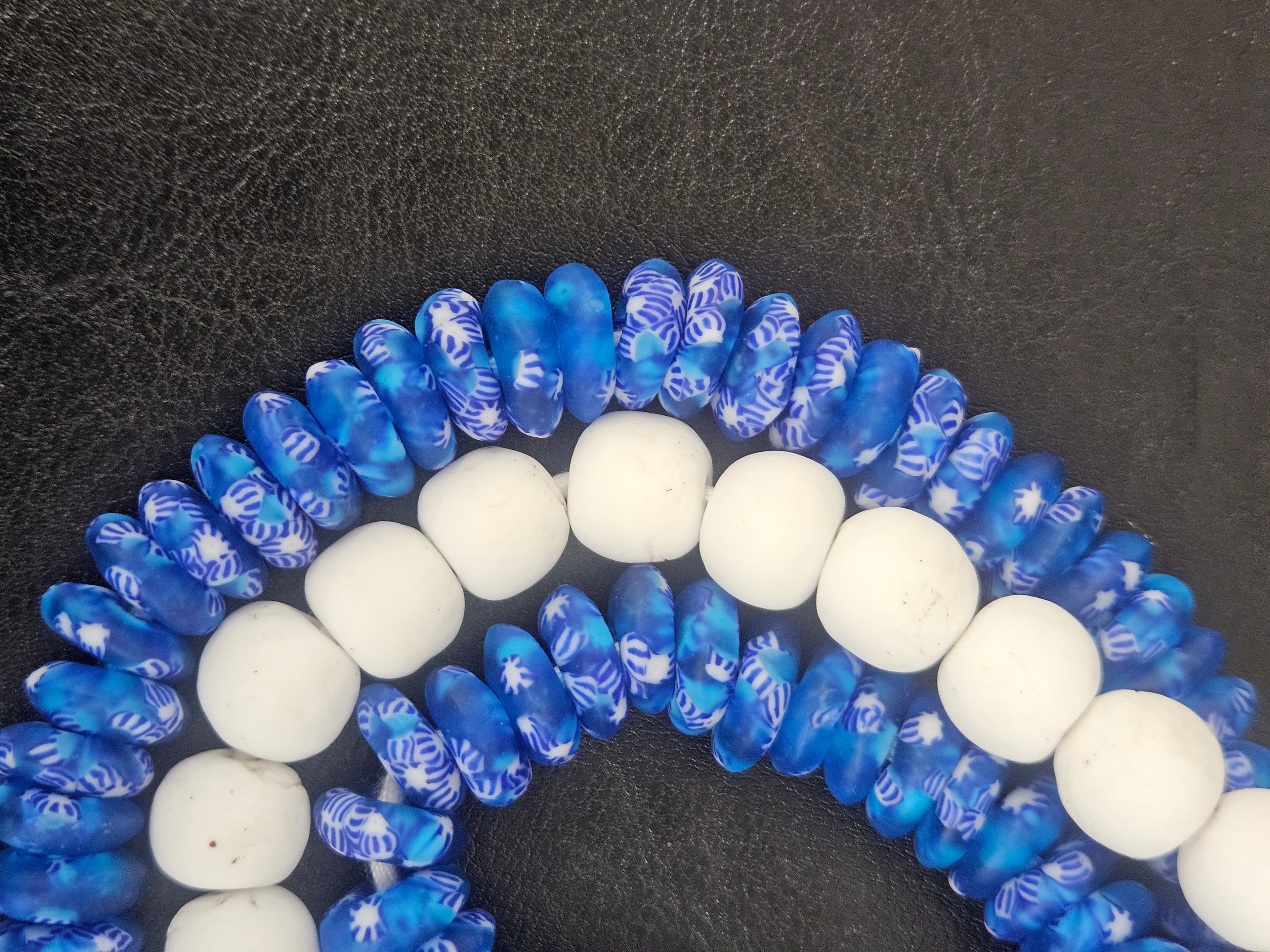 Blue & White African Glass Bead Bundle: Hand-Painted Krobo Rondelle and White Pocket Beads from Ghana