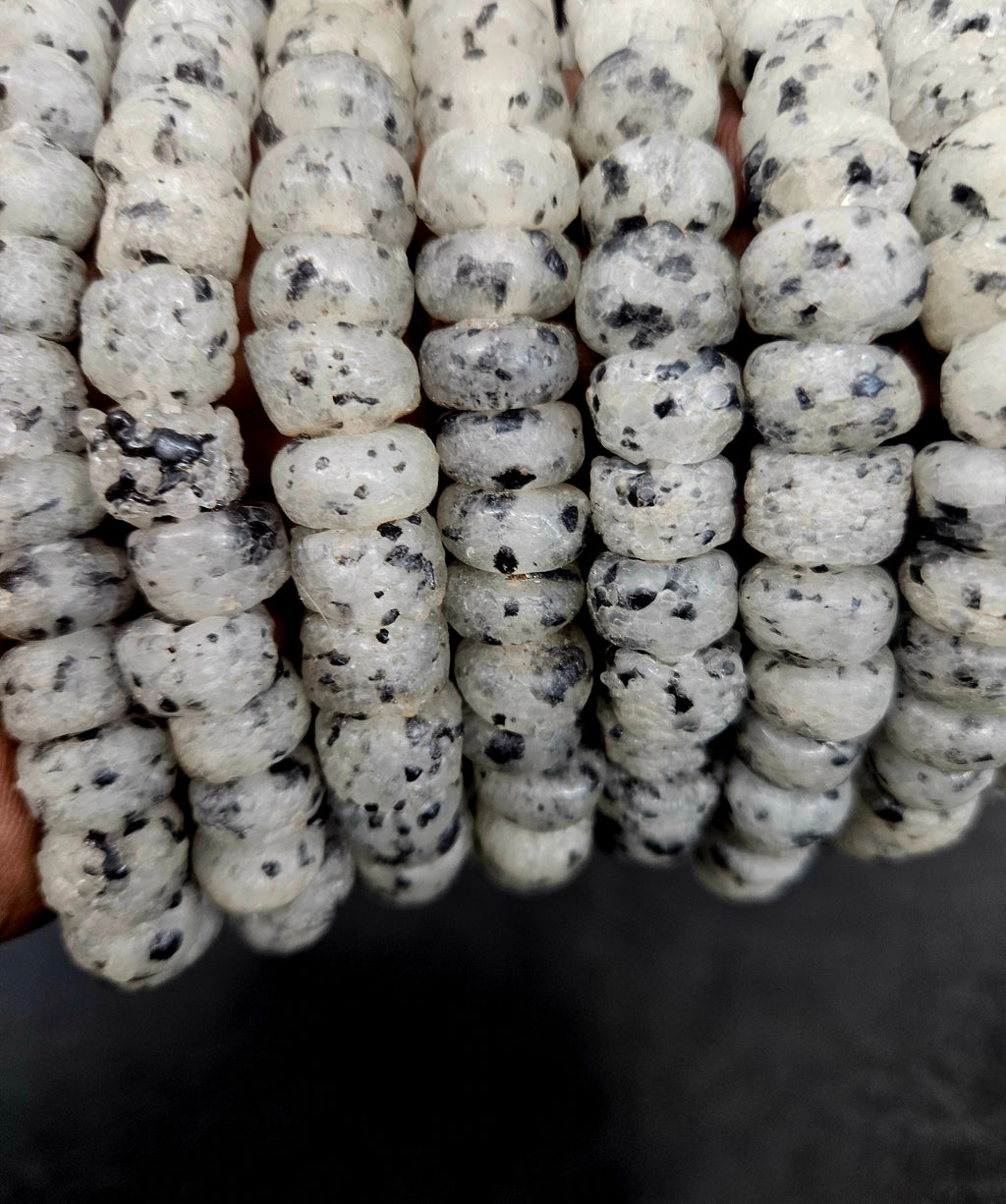 Handmade White & Black Speckled African Glass Beads – Krobo Recycled Glass Short Tube Beads for Jewelry Making