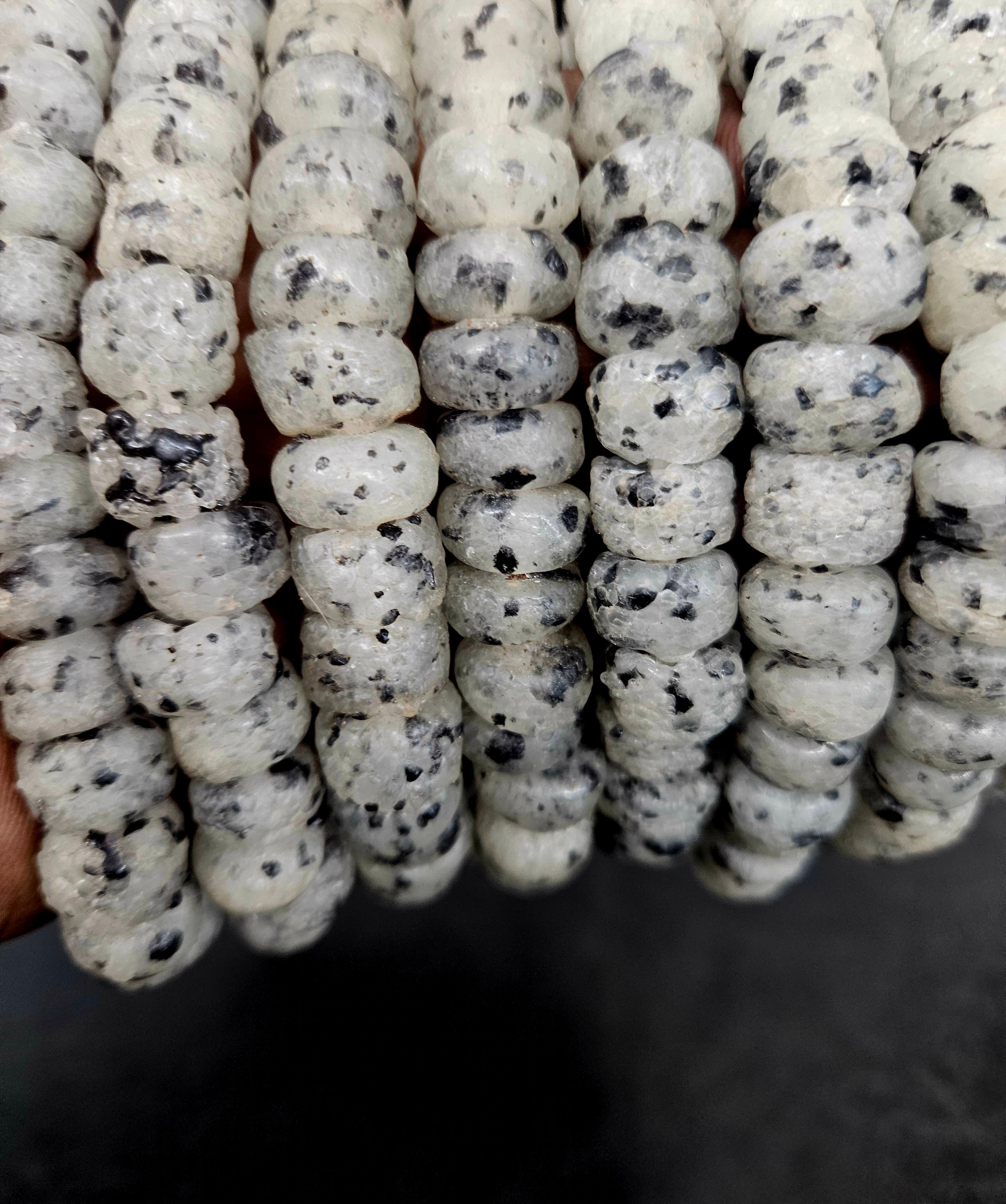 Handmade White & Black Speckled African Glass Beads – Krobo Recycled Glass Short Tube Beads for Jewelry Making