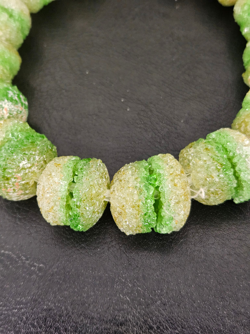 Green & White Krobo Sugar Glass Rondelle Beads | Handcrafted Recycled Glass Beads from Ghana | Approx. 30 Beads Per Strand
