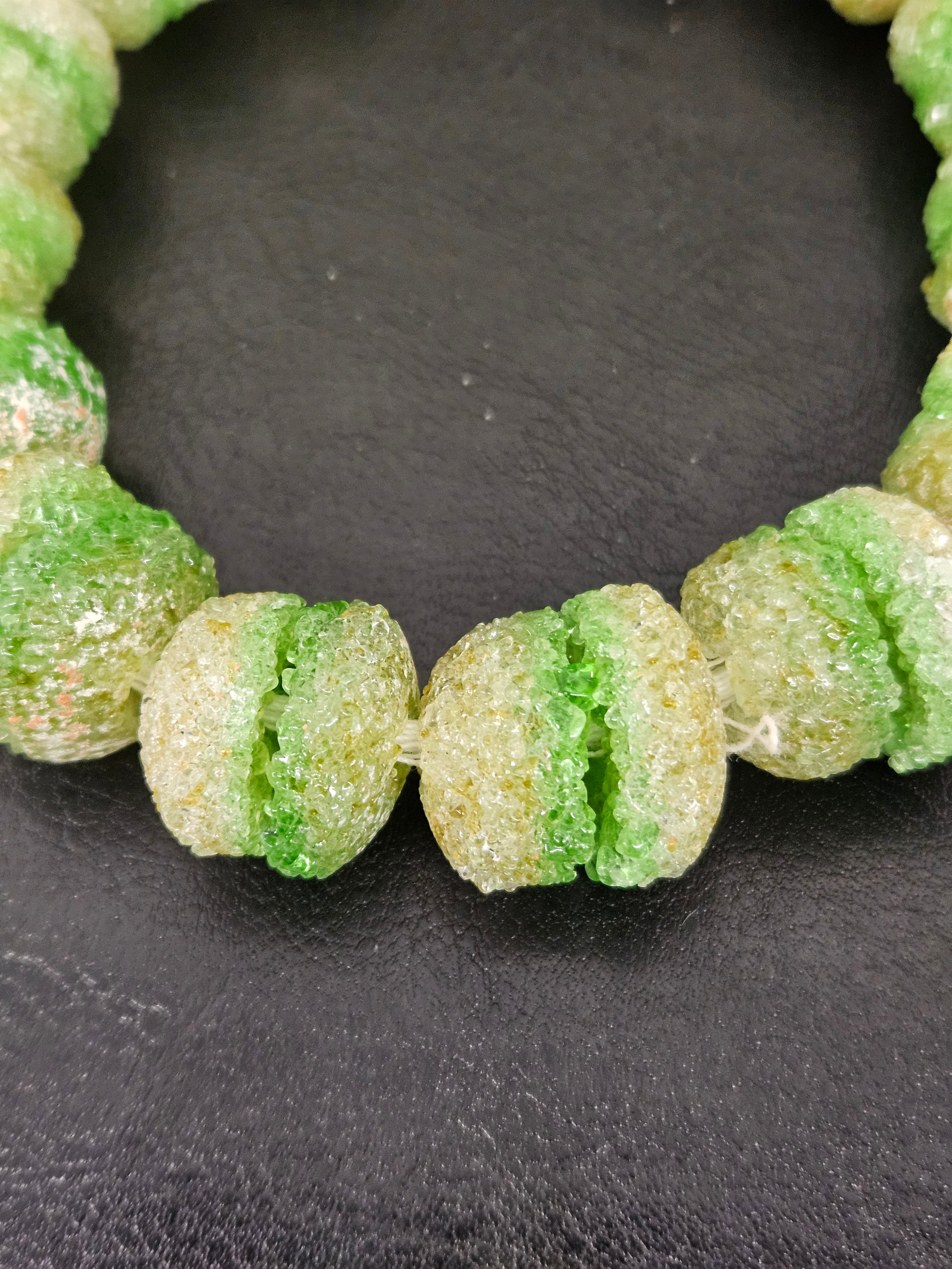 Green & White Krobo Sugar Glass Rondelle Beads | Handcrafted Recycled Glass Beads from Ghana | Approx. 30 Beads Per Strand