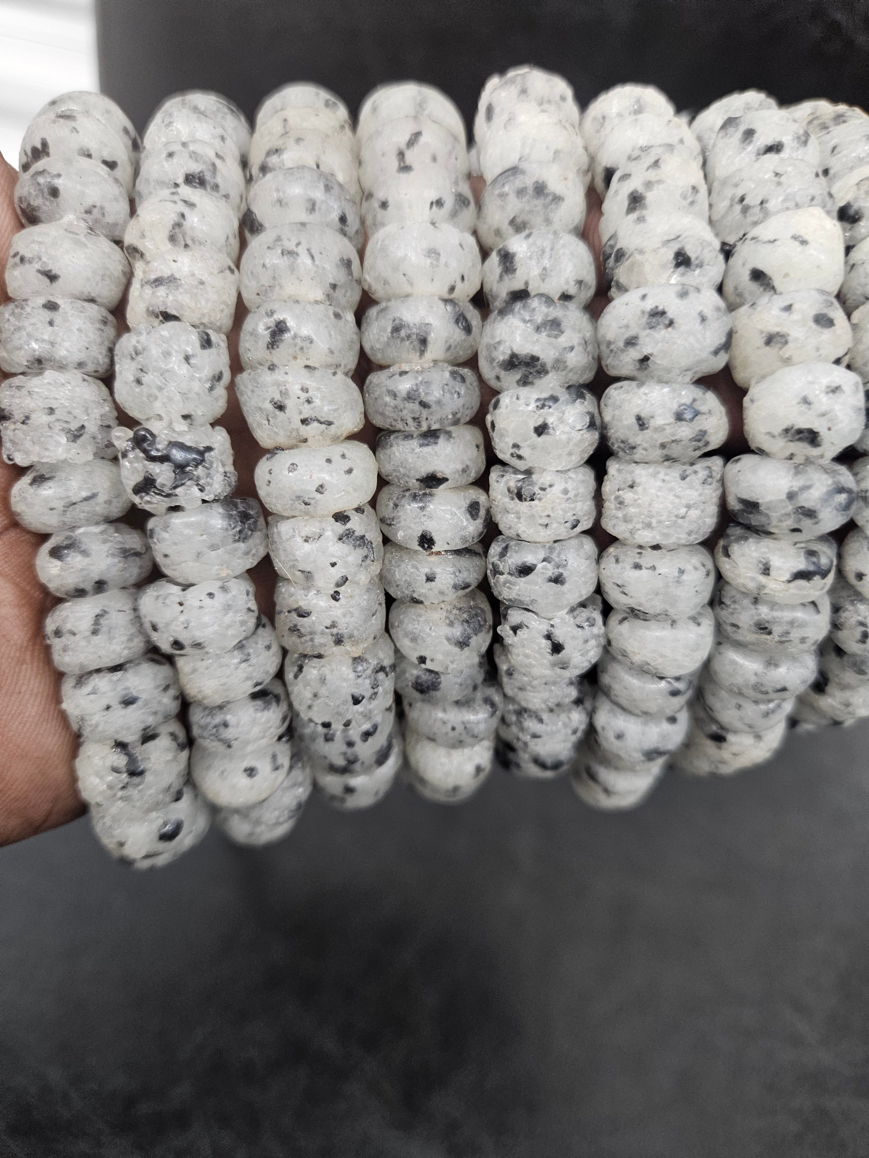 Handmade White & Black Speckled African Glass Beads – Krobo Recycled Glass Short Tube Beads for Jewelry Making