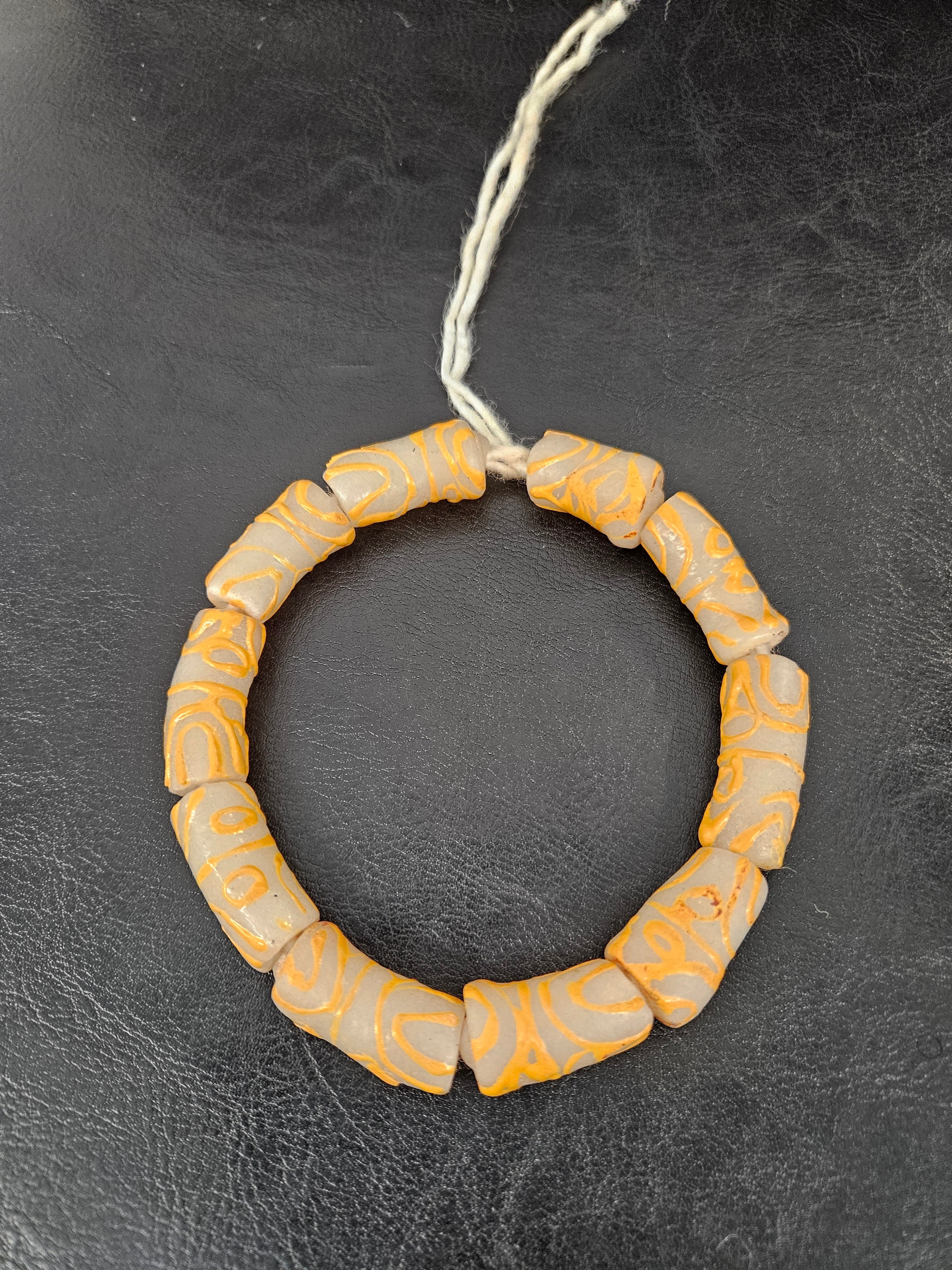 African Glass Beads – Painted Krobo Long Tubes, Frosty White & Gold Beads