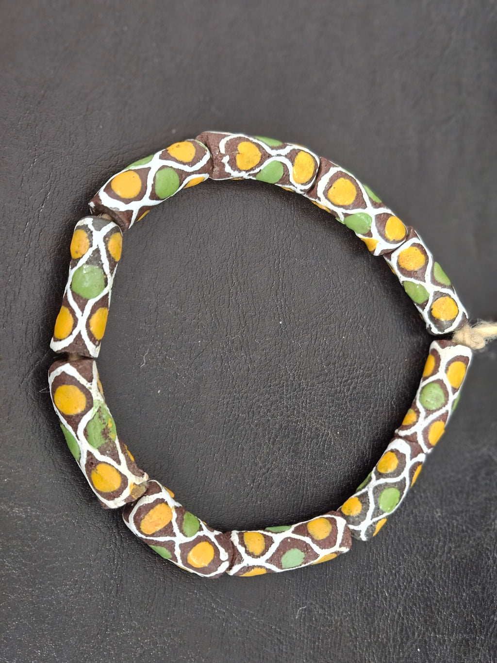 Chocolate Brown Krobo Painted Glass Tube Beads with Golden Yellow & Leaf Green Mosaic Motifs | Handcrafted Recycled Glass from Ghana
