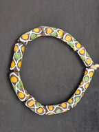 Chocolate Brown Krobo Painted Glass Tube Beads with Golden Yellow & Leaf Green Mosaic Motifs | Handcrafted Recycled Glass from Ghana