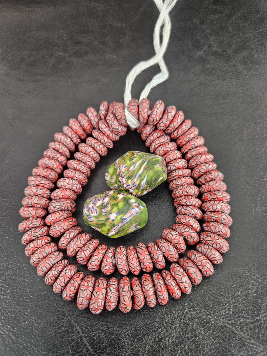 African Glass Bead Bundle – Coral Krobo Rondelles + Green Focal Beads