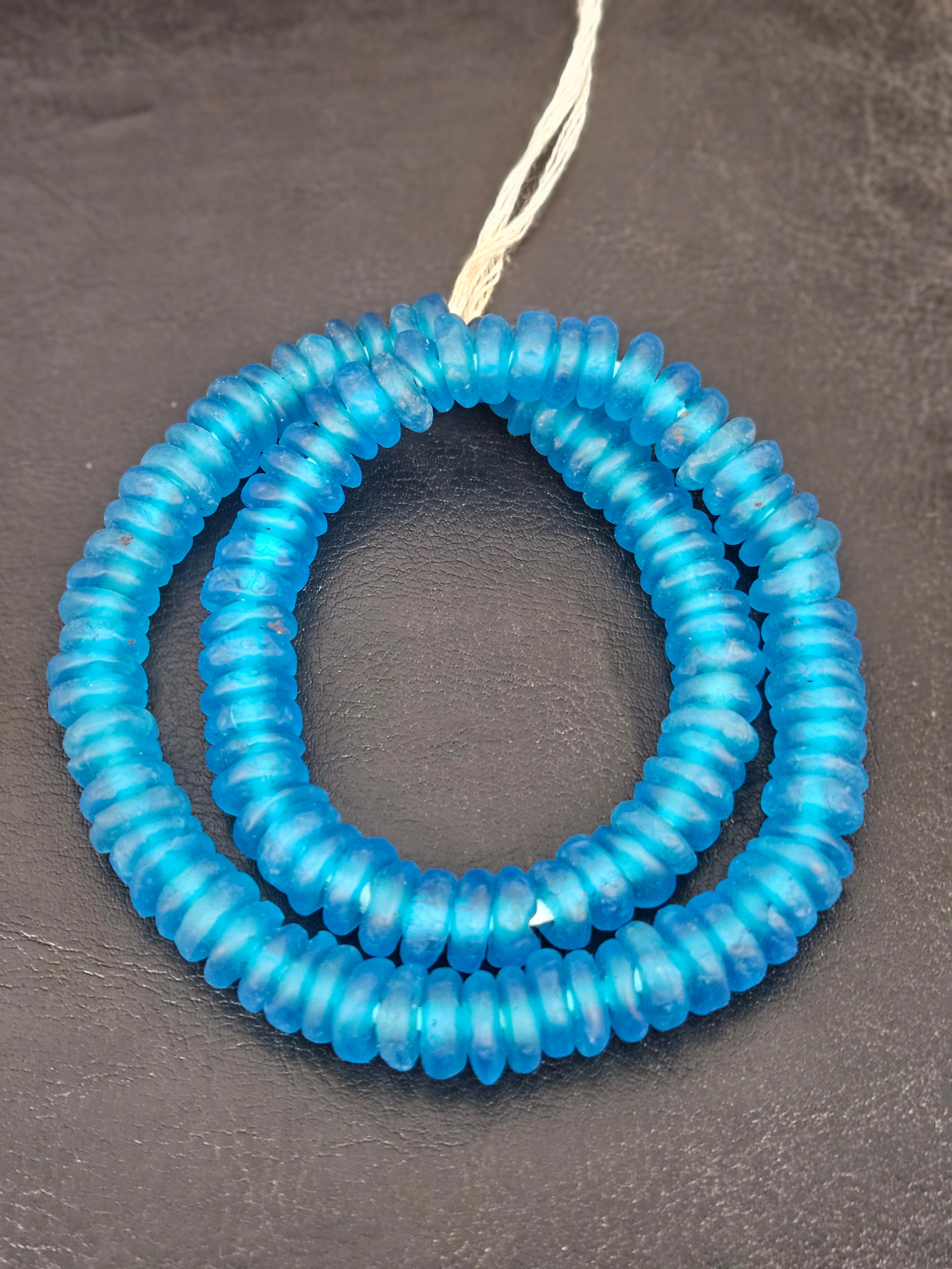 Authentic Bright Aqua Krobo Translucent Recycled Glass Rondelle Beads | Handmade in Ghana