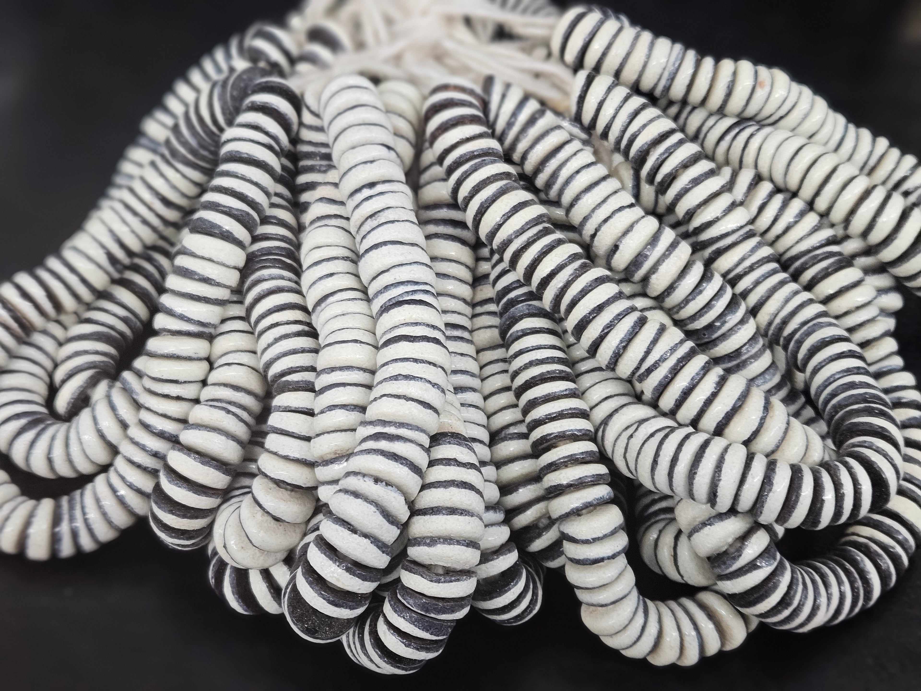 Handmade Ivory & Charcoal Krobo Glass Spacer Beads, African Recycled Glass Beads, Ghana Jewelry Making Supplies