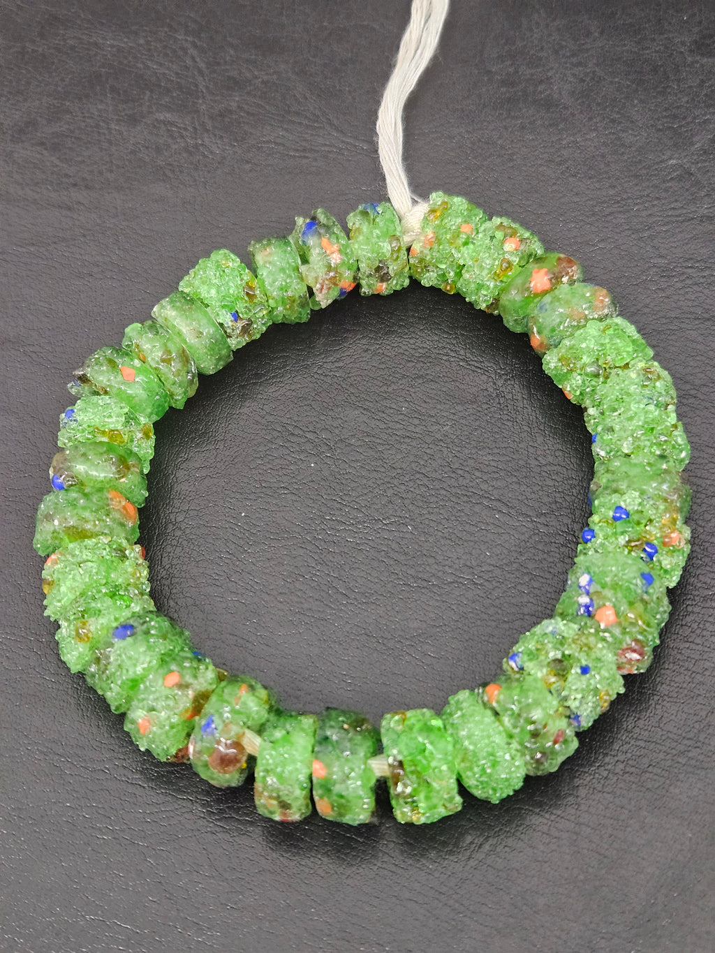 Green Confetti Krobo Sugar Glass Short Tube Beads | Handcrafted Recycled Glass Beads from Ghana | Approx. 32 Beads Per Strand