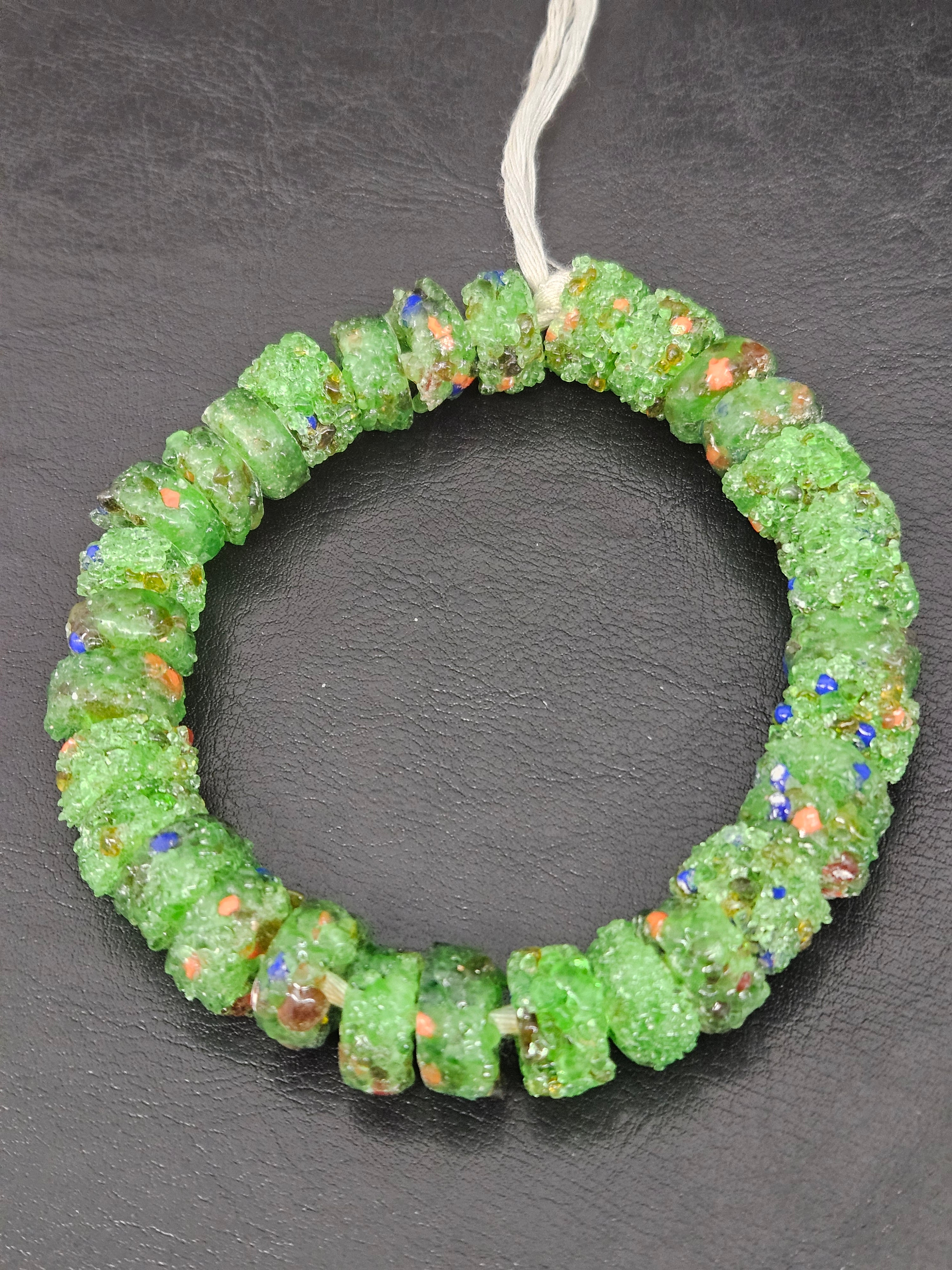 Green Confetti Krobo Sugar Glass Short Tube Beads | Handcrafted Recycled Glass Beads from Ghana | Approx. 32 Beads Per Strand